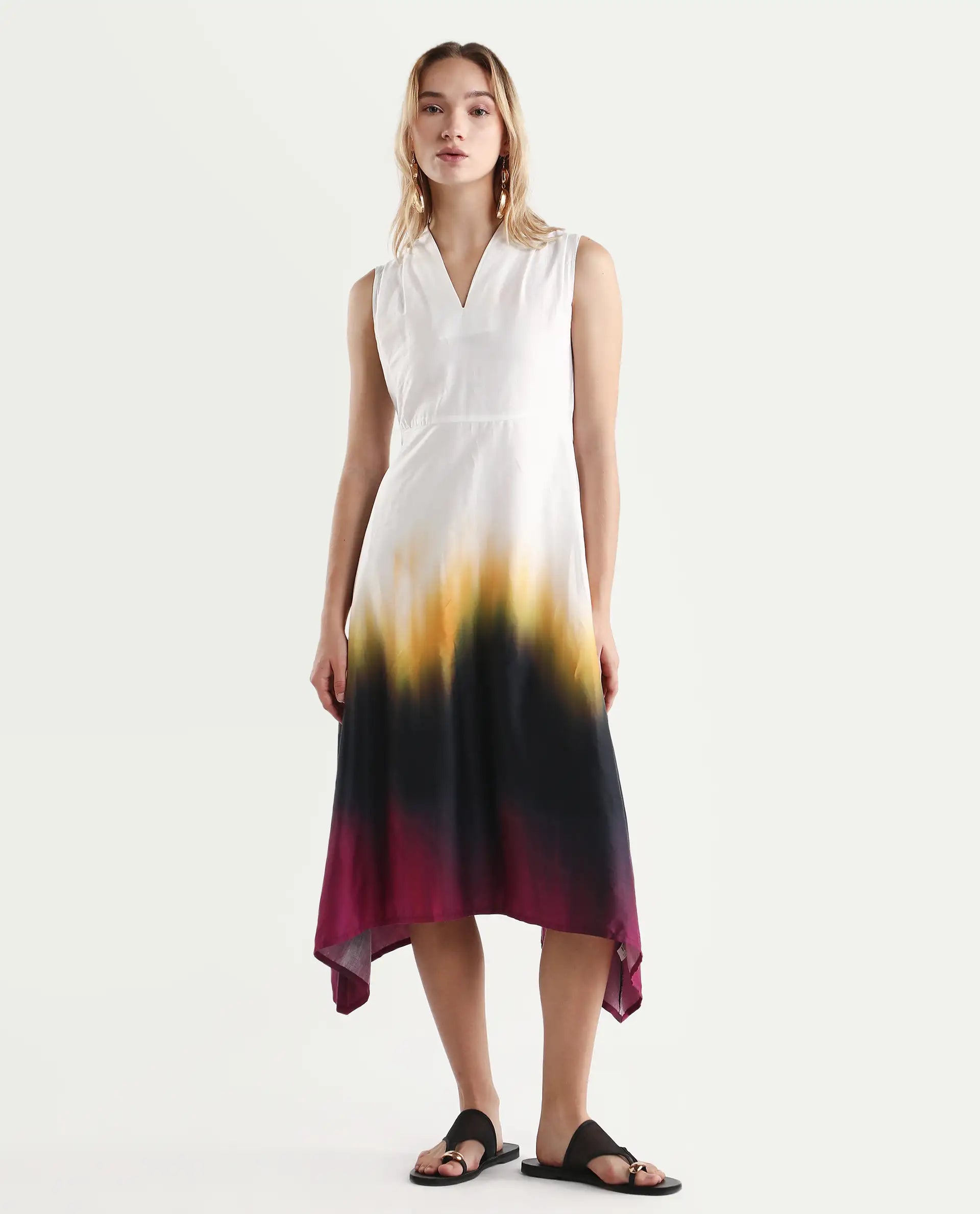 Rareism Women's Armenian Multi Cotton Blend V-Neck Ombre Sleeveless Midi Flared Dress