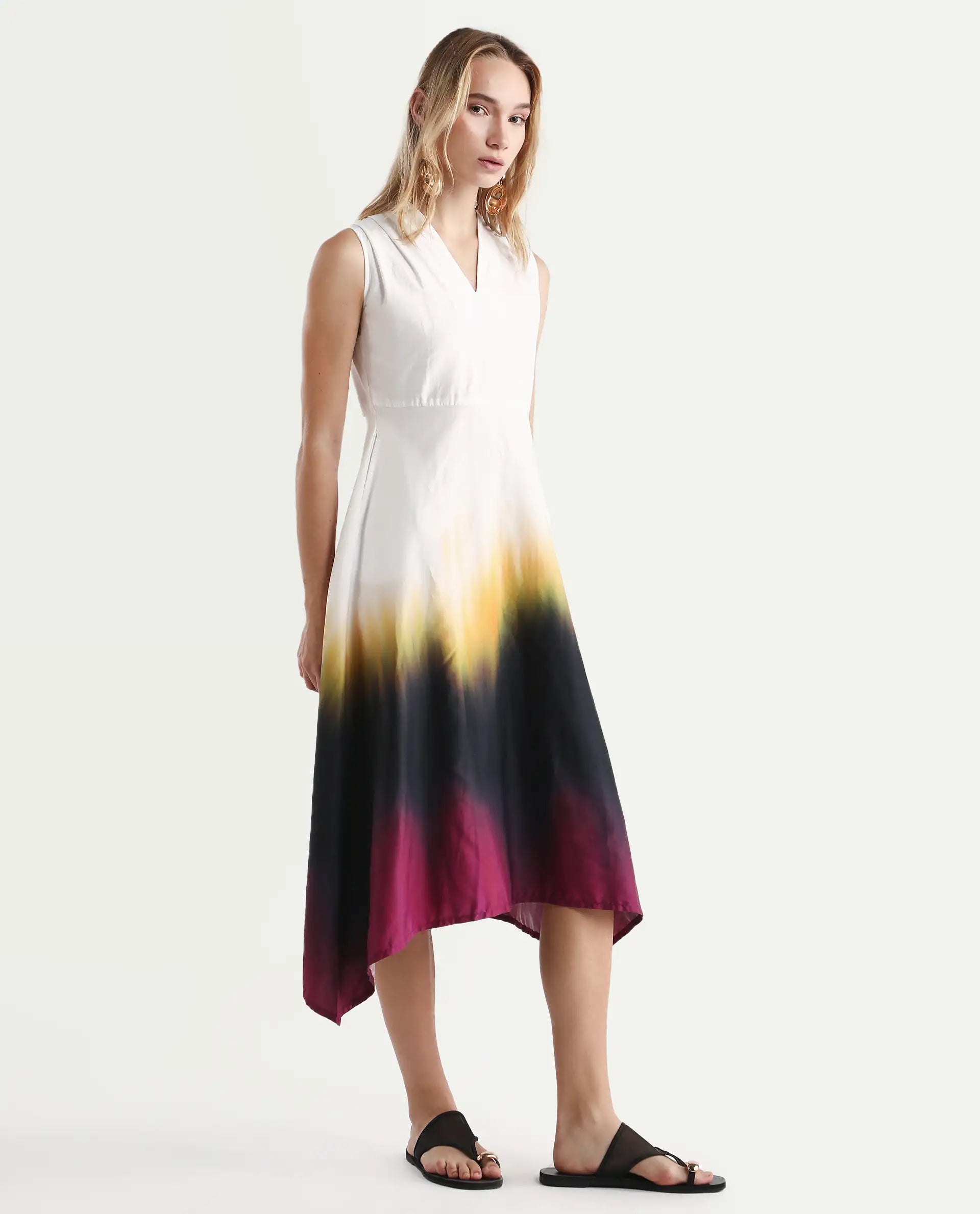 Rareism Women's Armenian Multi Cotton Blend V-Neck Ombre Sleeveless Midi Flared Dress