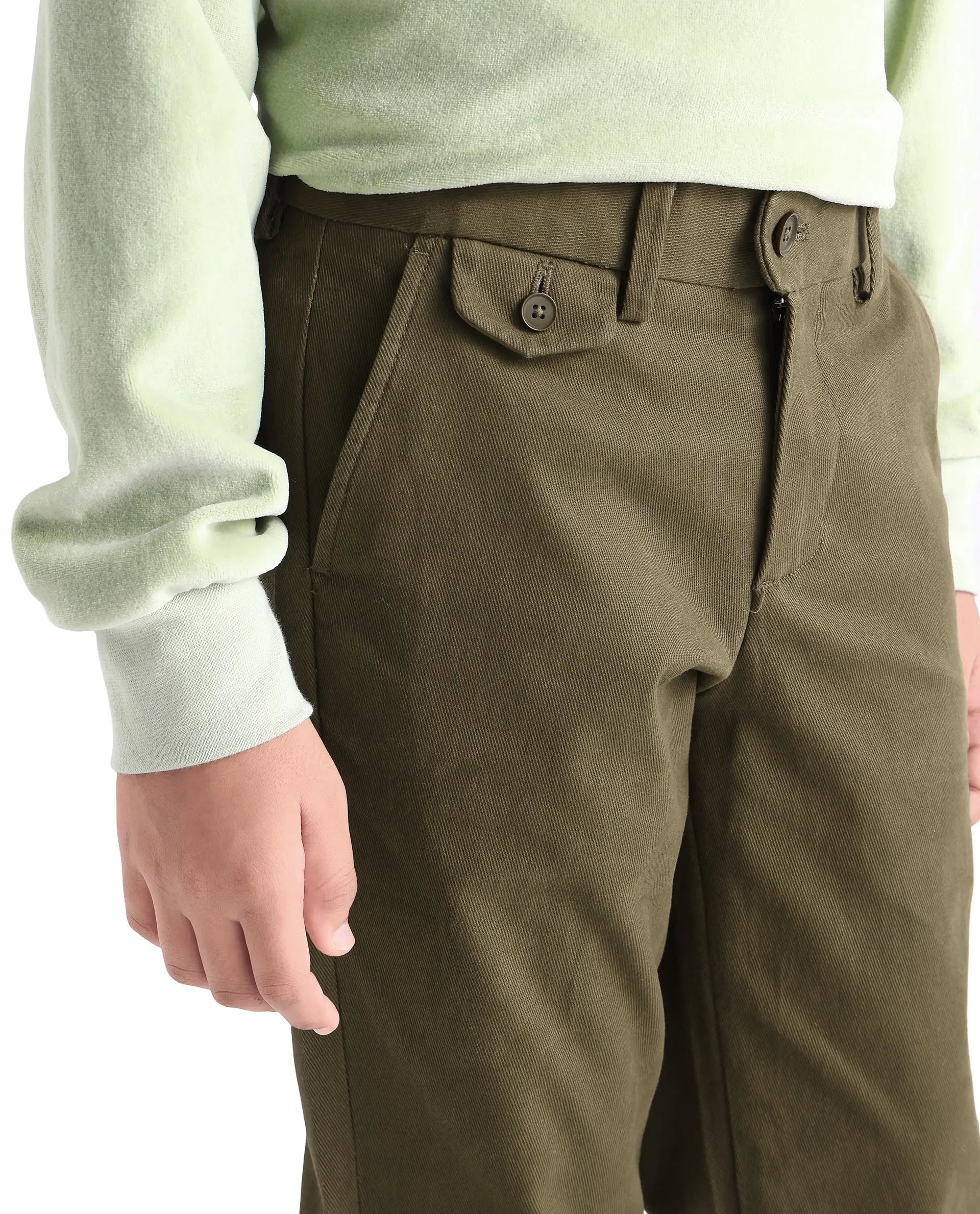 Rare Ones Kids Arne-K Olive Cotton Blend Solid Button Closure Regular Fit Trouser