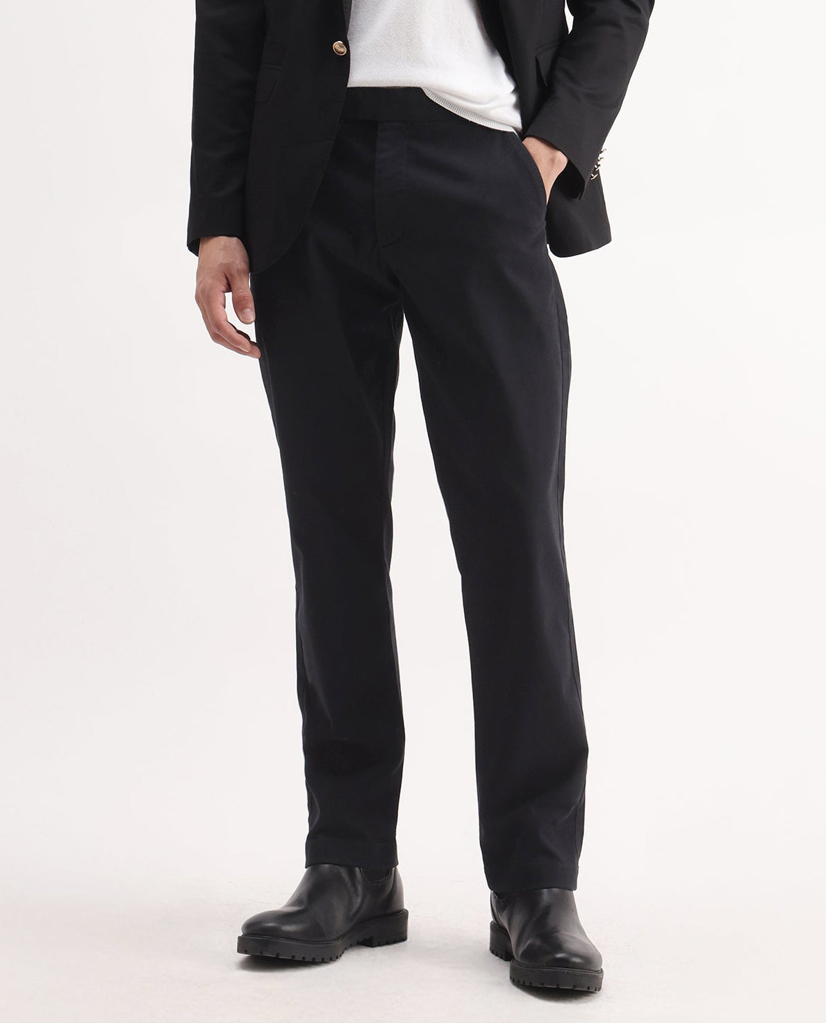 Rare Rabbit Men's Arne Black Cotton Blend Plain Regular Fit Trouser