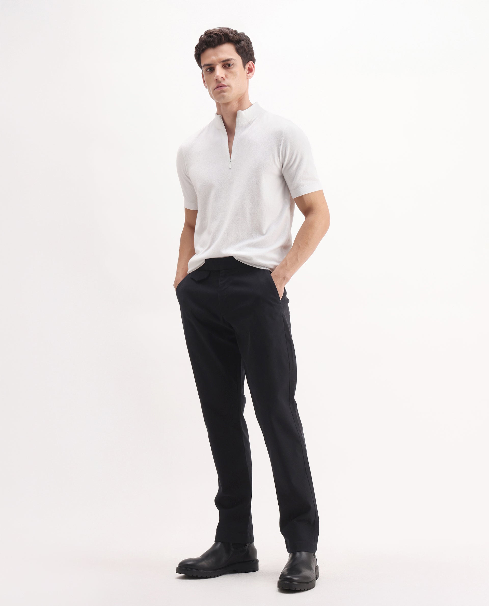 Rare Rabbit Men's Arne Black Cotton Blend Plain Regular Fit Trouser