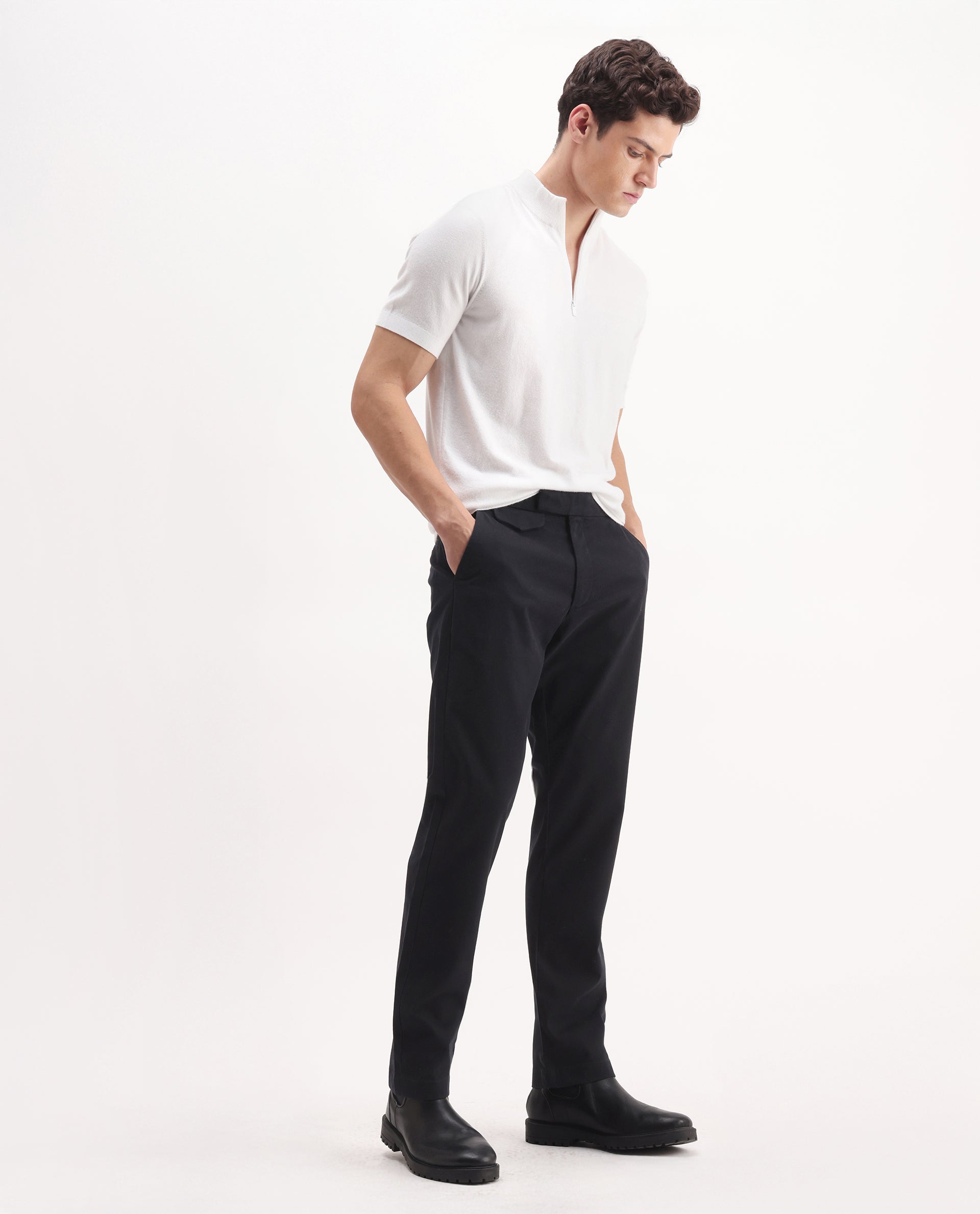 Rare Rabbit Men's Arne Black Cotton Blend Plain Regular Fit Trouser