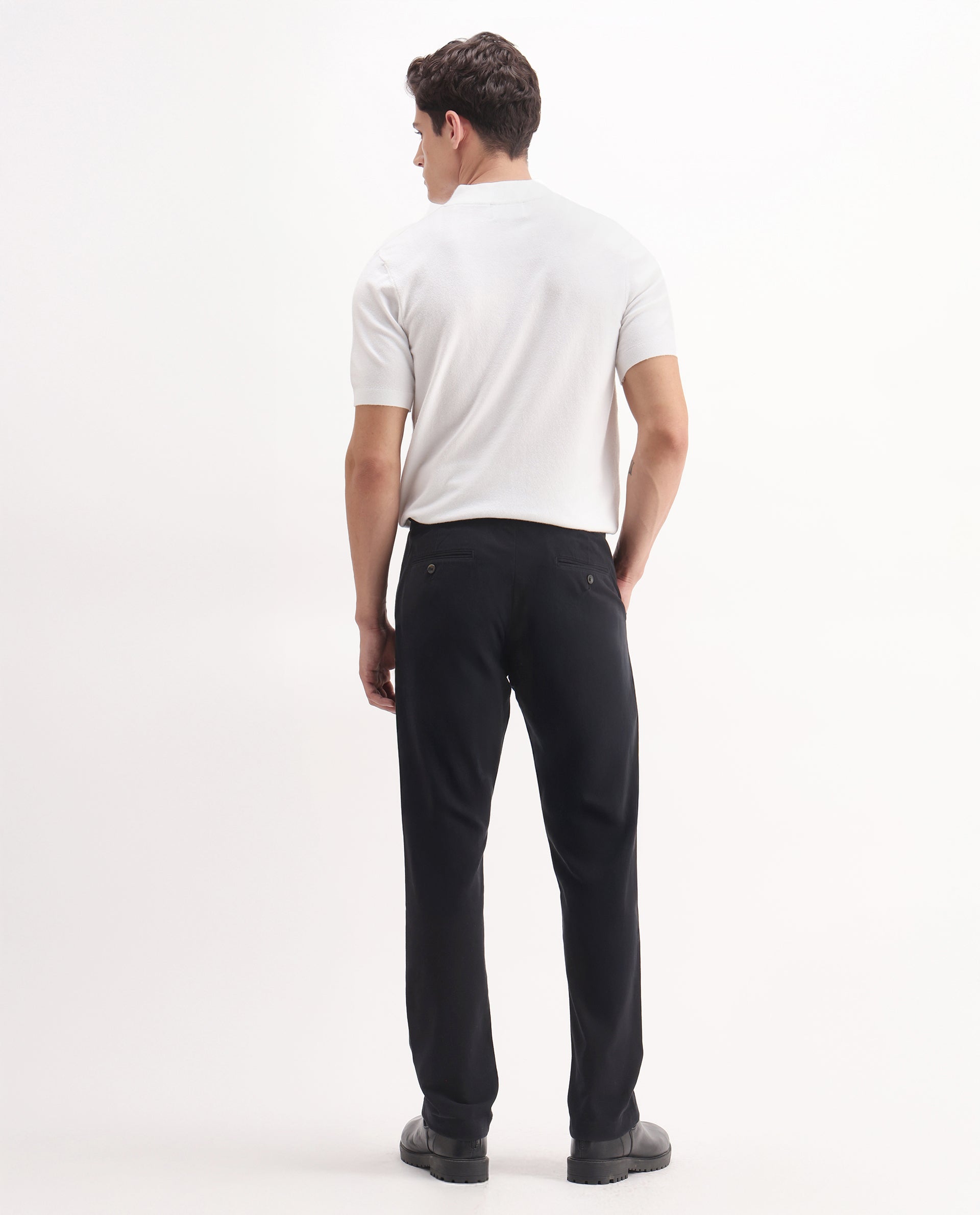 Rare Rabbit Men's Arne Black Cotton Blend Plain Regular Fit Trouser