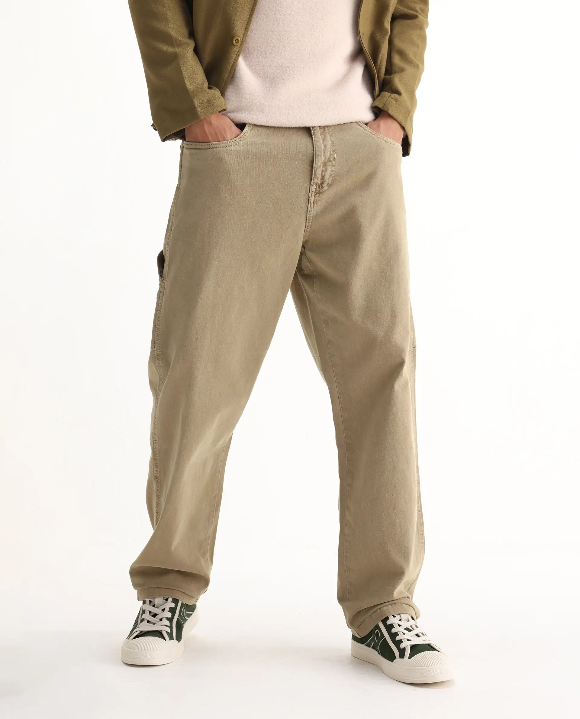 Rare Rabbit Men's Arni Khaki Cotton Plain Relaxed Fit Jeans