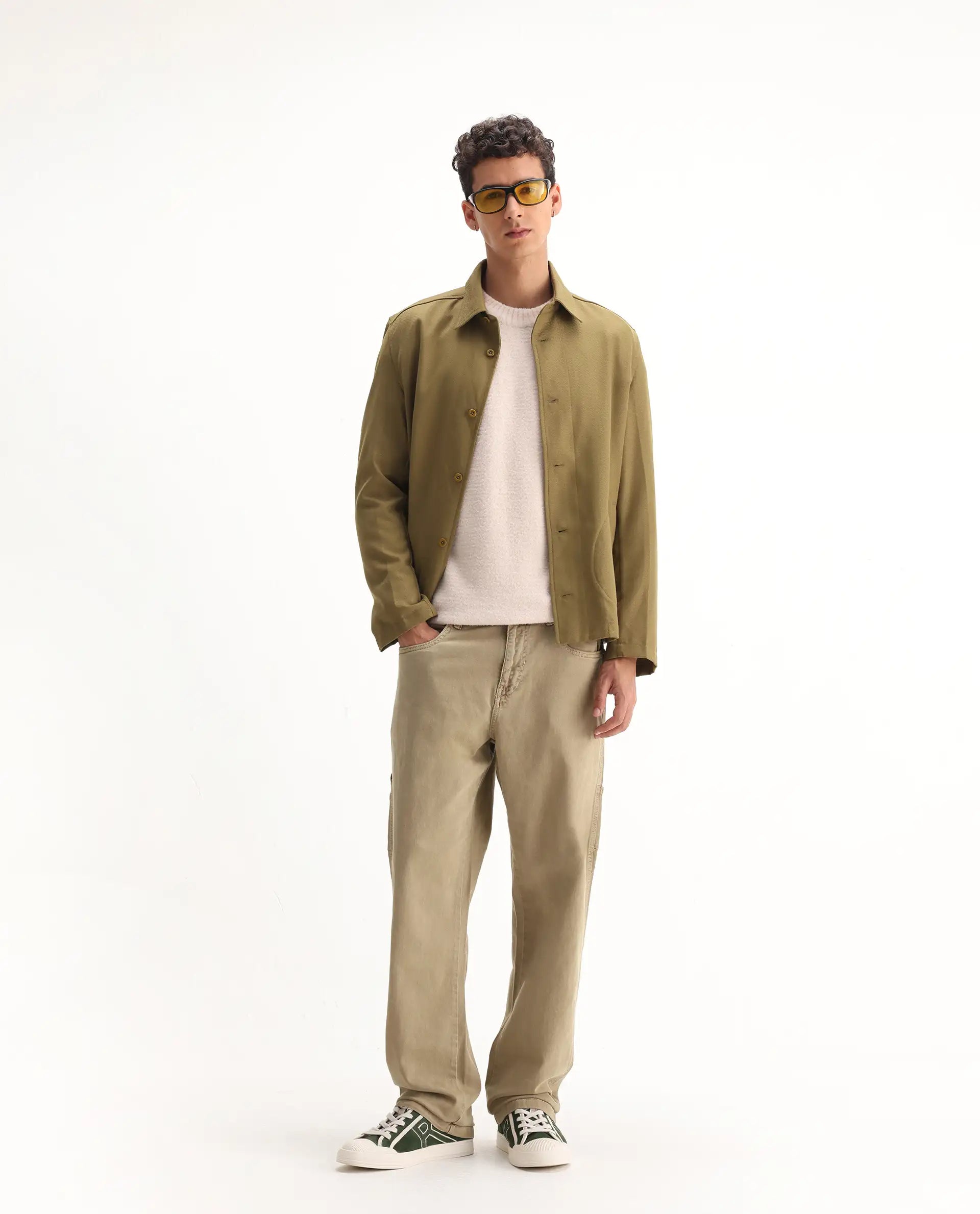 Rare Rabbit Men's Arni Khaki Cotton Plain Relaxed Fit Jeans