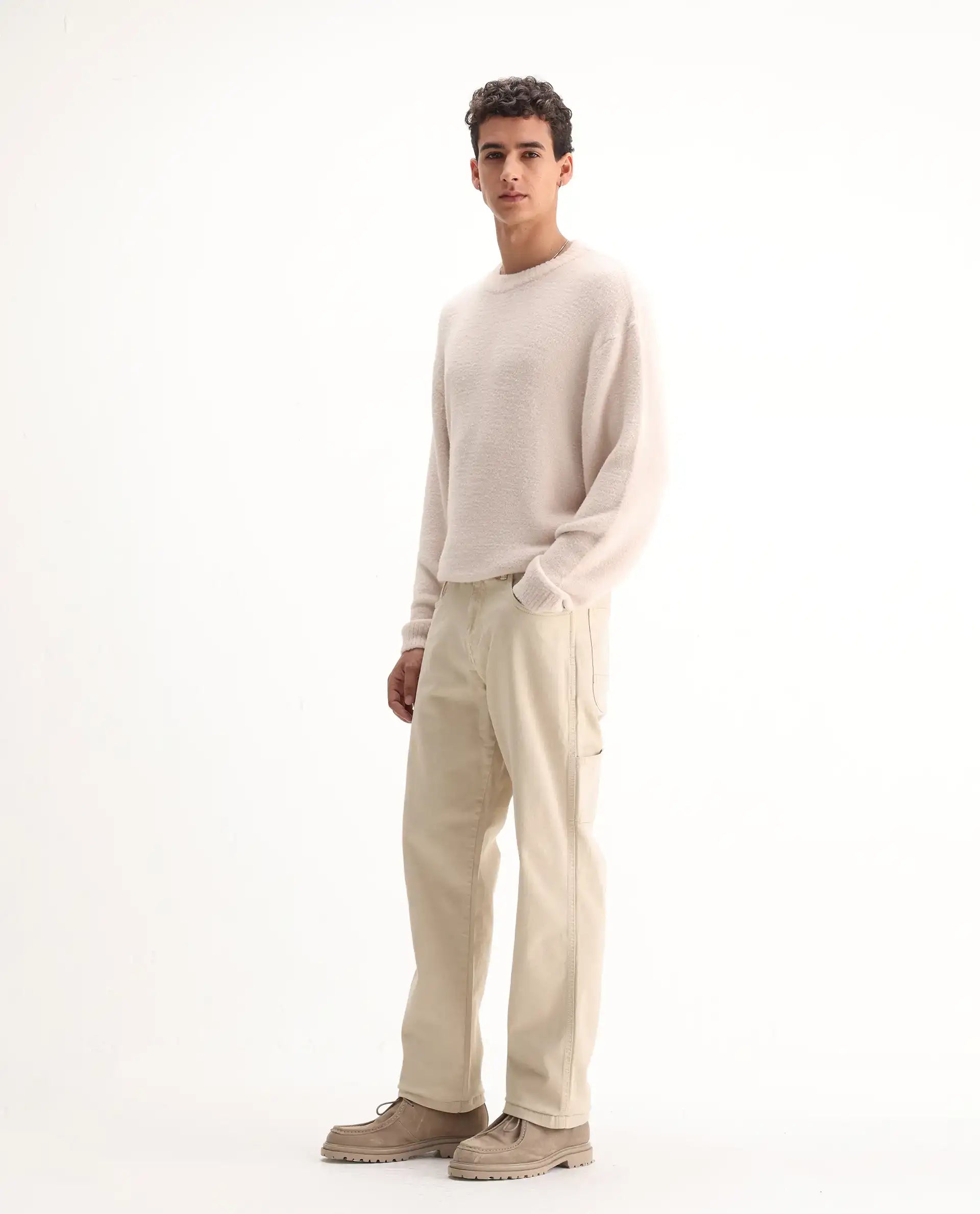 Rare Rabbit Men's Arni Off White Cotton Plain Relaxed Fit Jeans