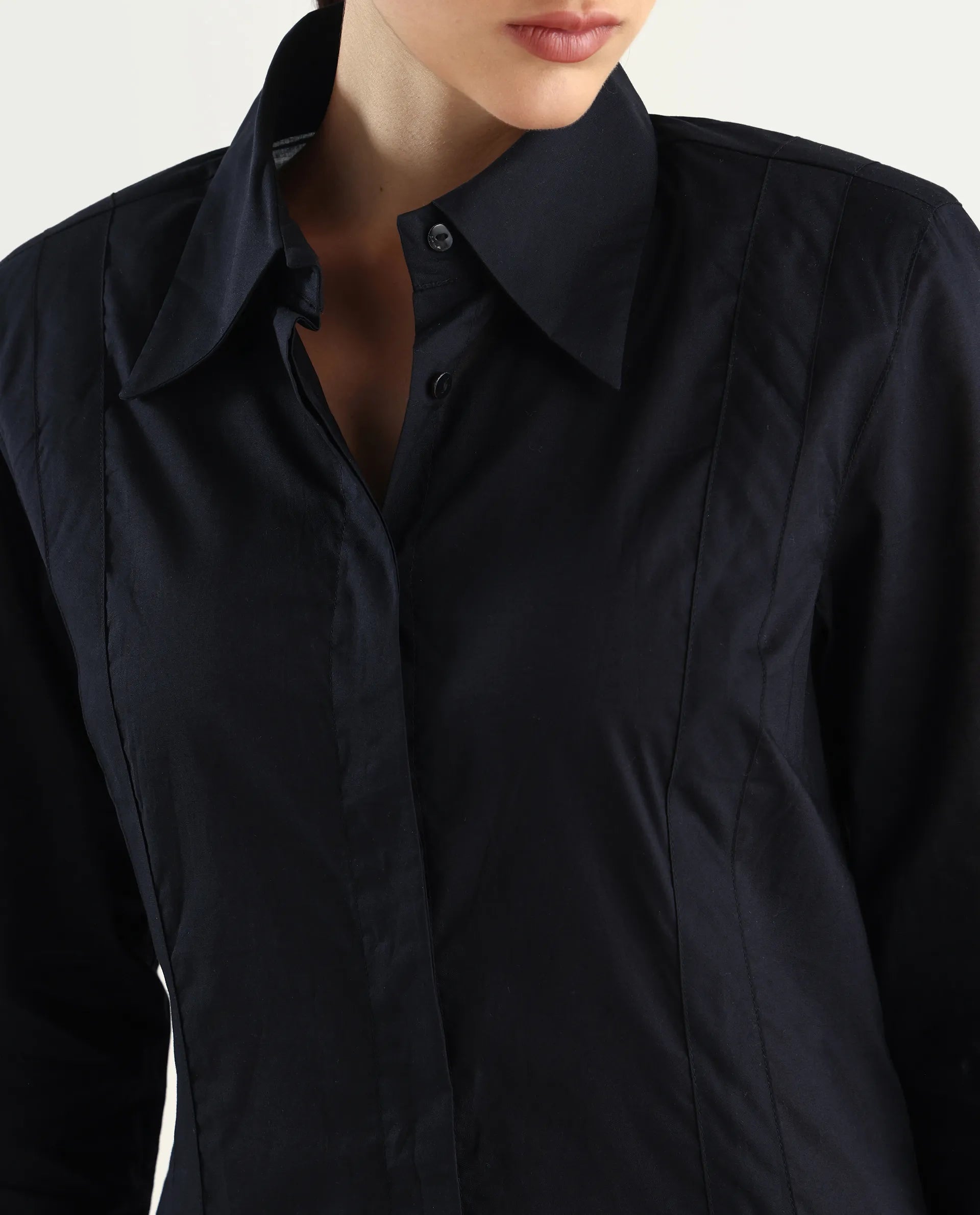 Rareism Women's Arthur Black Cotton Drop Collar Plain Cuffed Sleeve Regular Fit Shirt