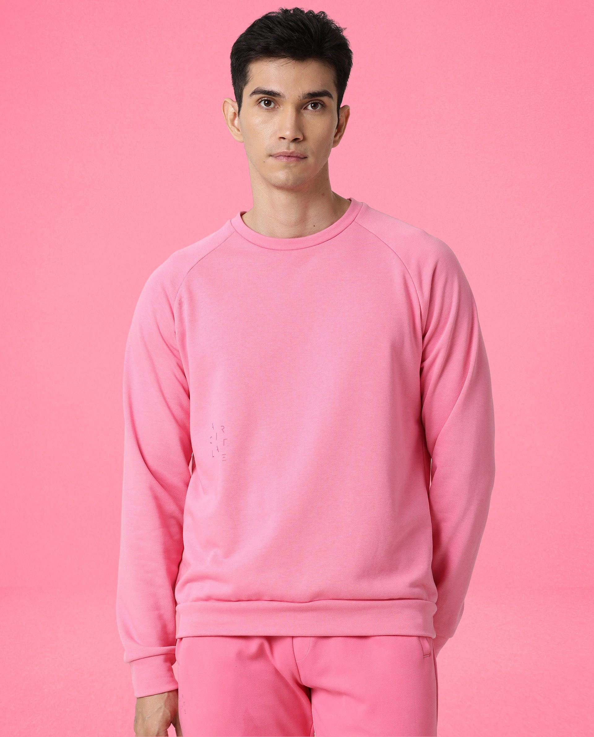 Rare Rabbit Articale Men's Arum Flame Pink Cotton Fabric Full Sleeves Solid Sweatshirt