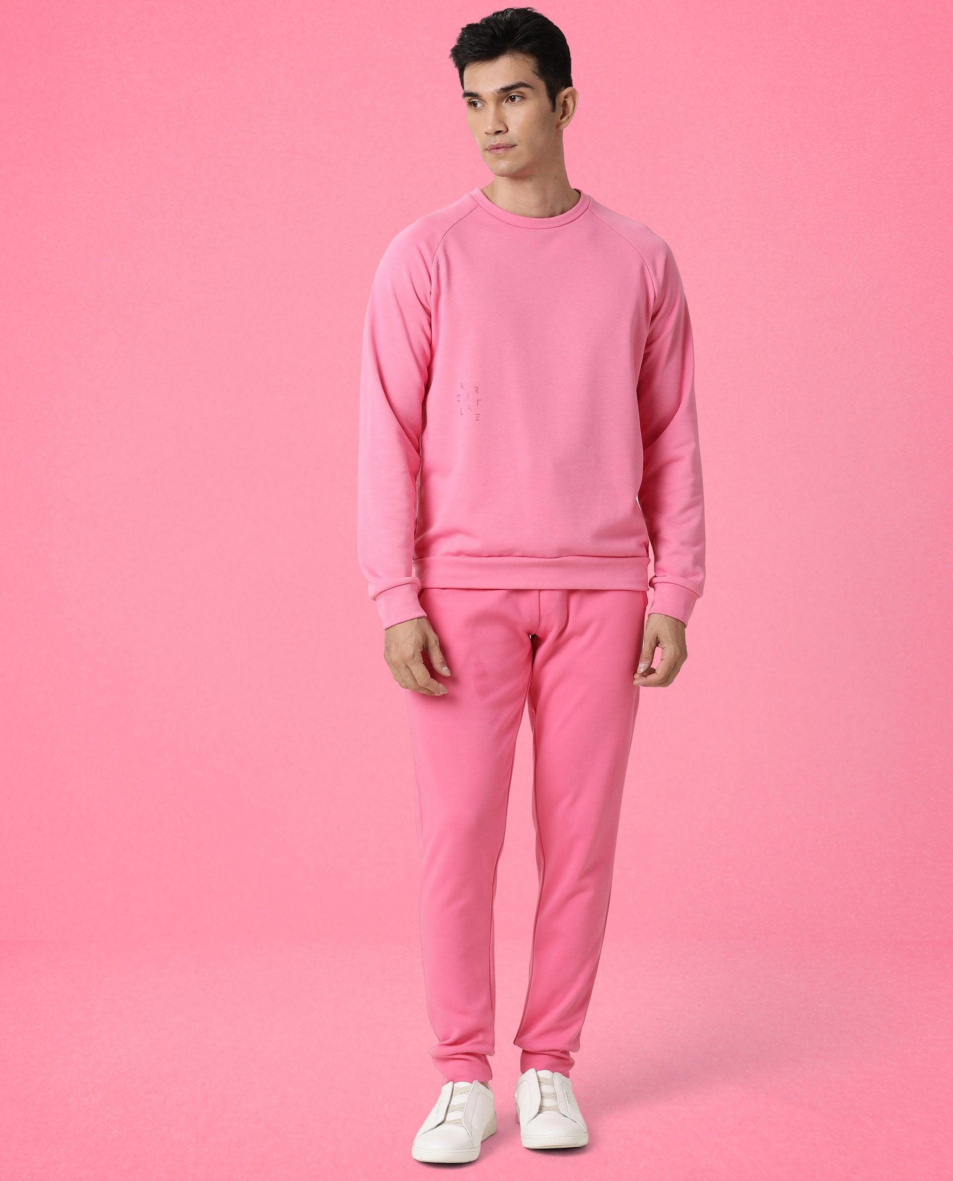 Rare Rabbit Articale Men's Arum Flame Pink Cotton Fabric Full Sleeves Solid Sweatshirt