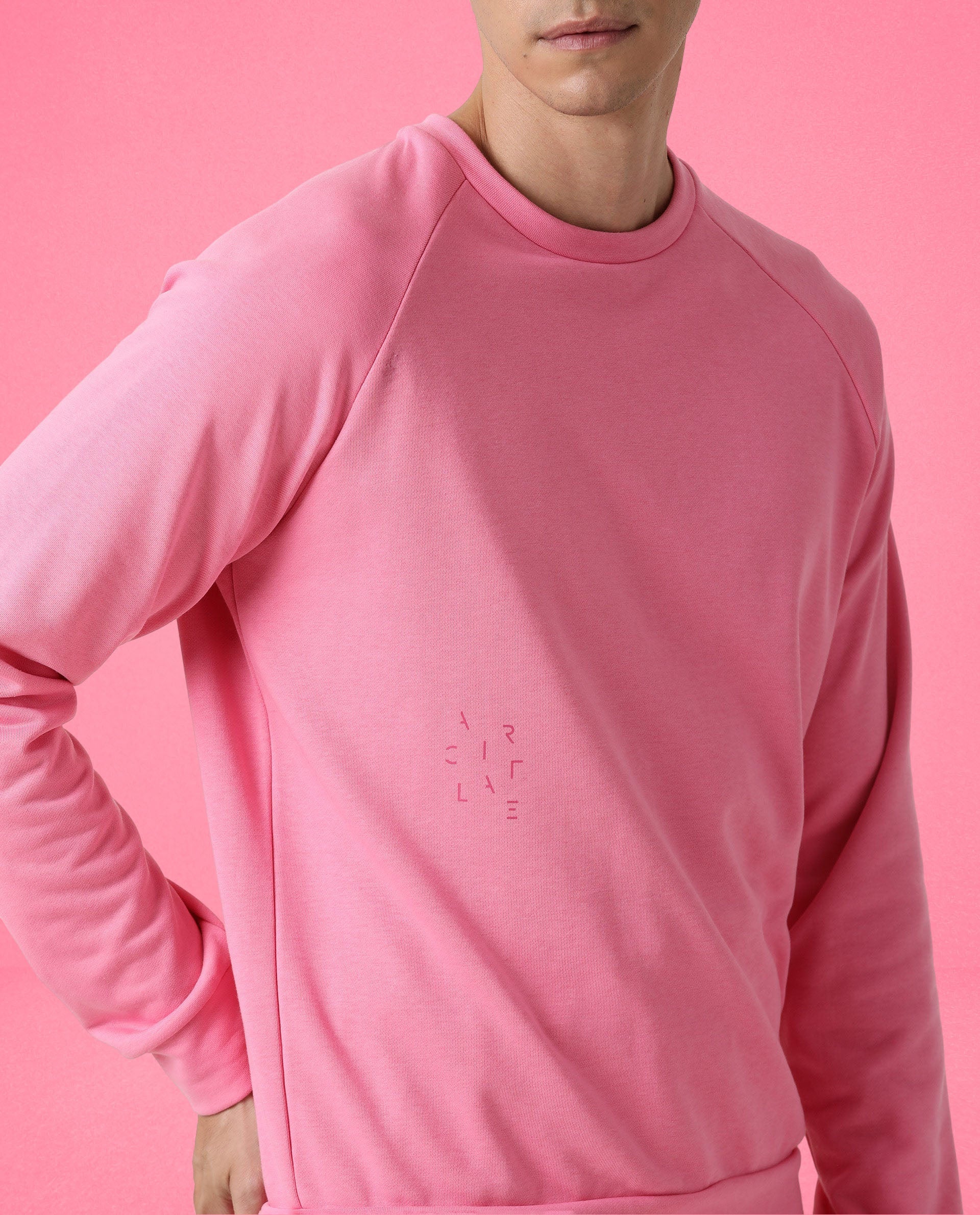 Rare Rabbit Articale Men's Arum Flame Pink Cotton Fabric Full Sleeves Solid Sweatshirt