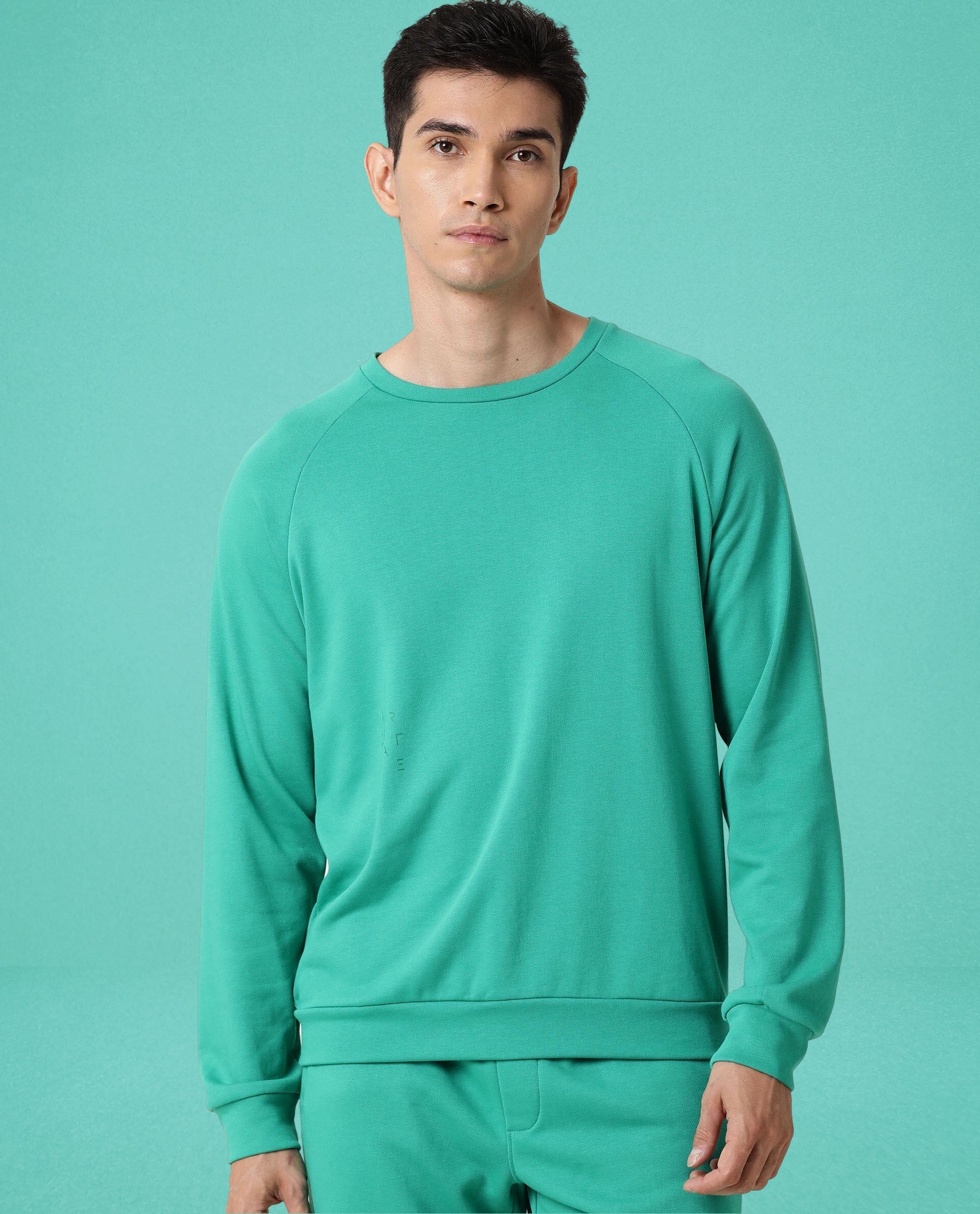Rare Rabbit Articale Men's Arum Emerald Green Cotton Fabric Full Sleeves Solid Sweatshirt