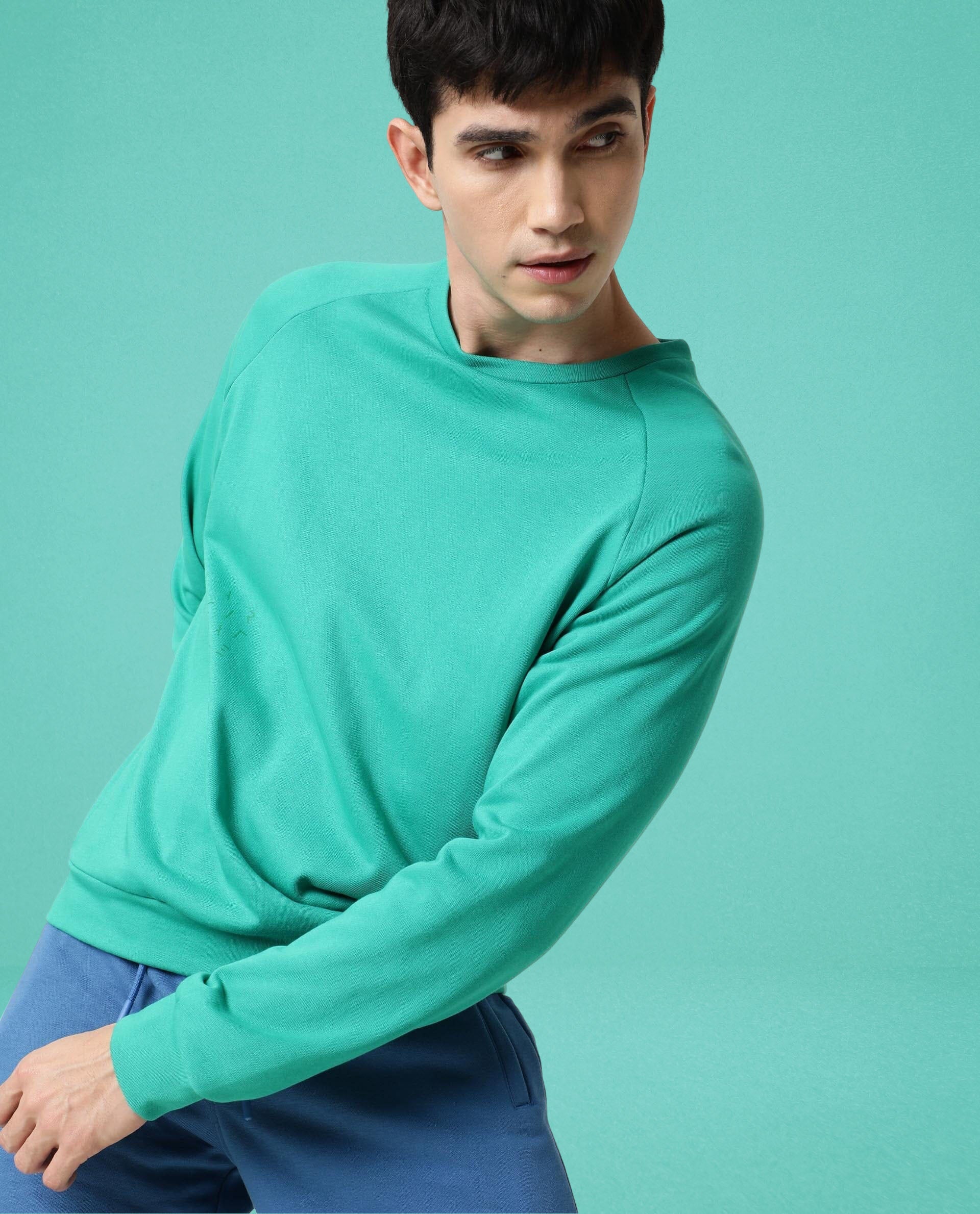 Rare Rabbit Articale Men's Arum Emerald Green Cotton Fabric Full Sleeves Solid Sweatshirt