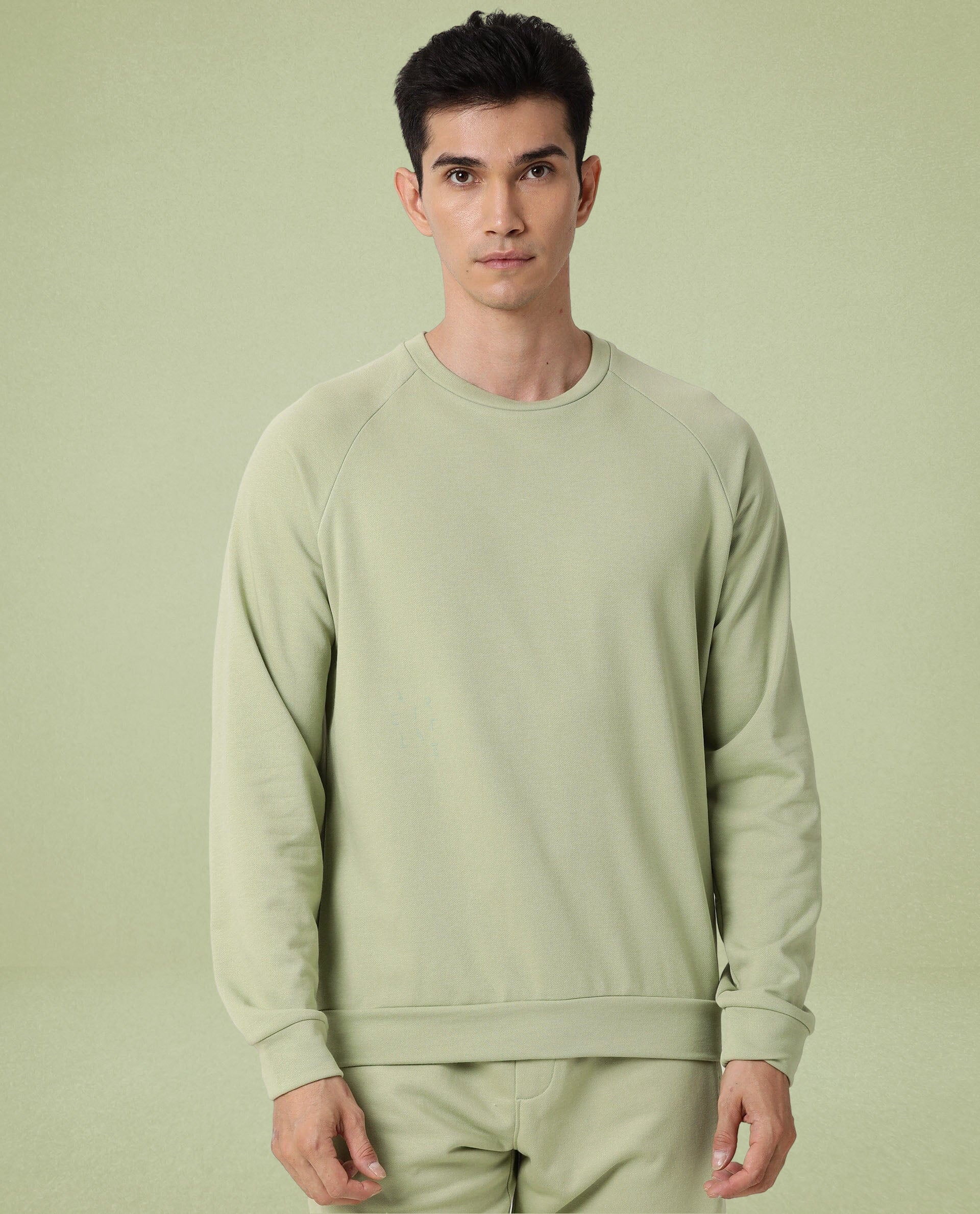 Rare Rabbit Articale Men's Arum Cardamom Green Cotton Fabric Full Sleeves Solid Sweatshirt