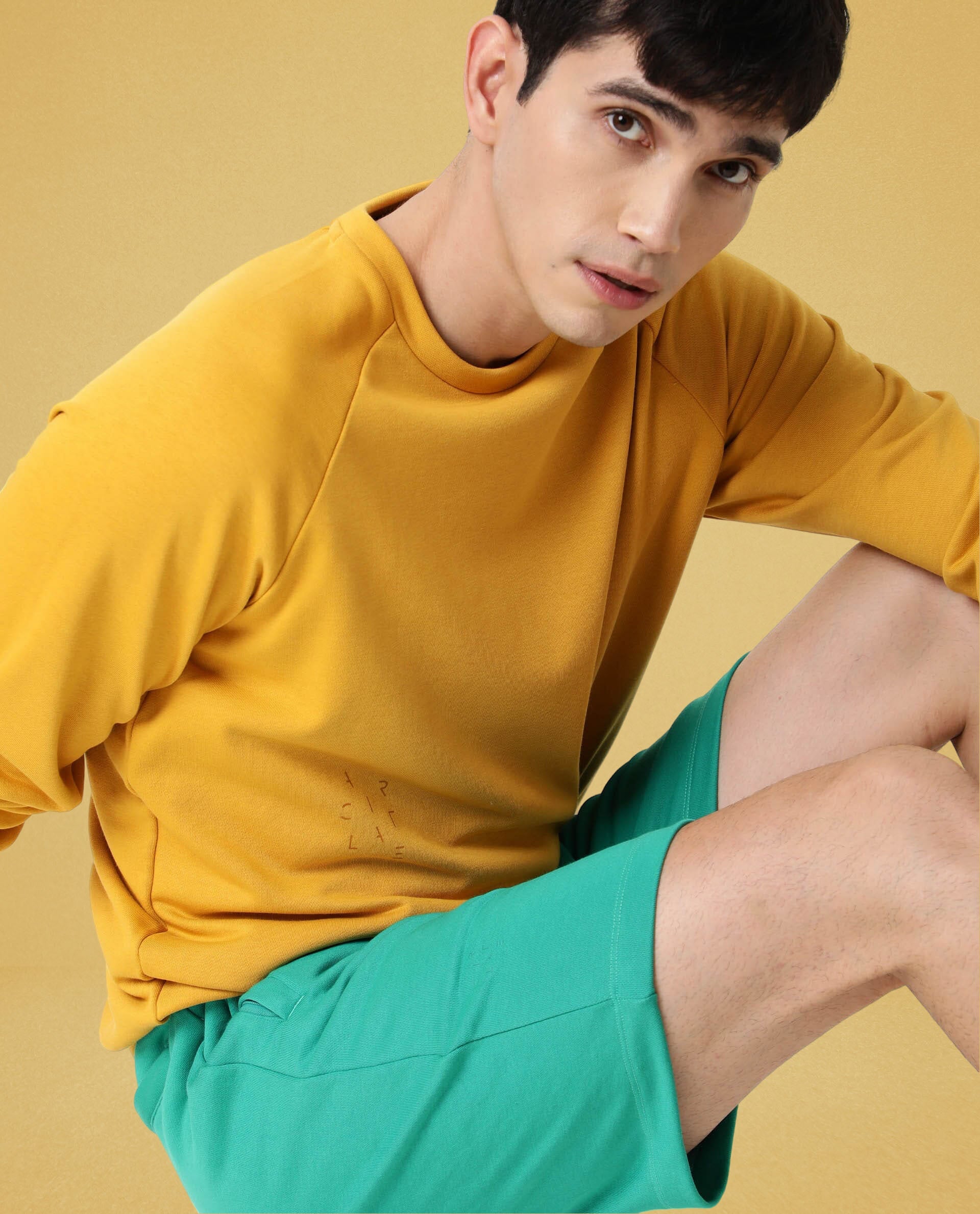 Rare Rabbit Articale Men's Arum French Mustard Cotton Fabric Full Sleeves Solid Sweatshirt