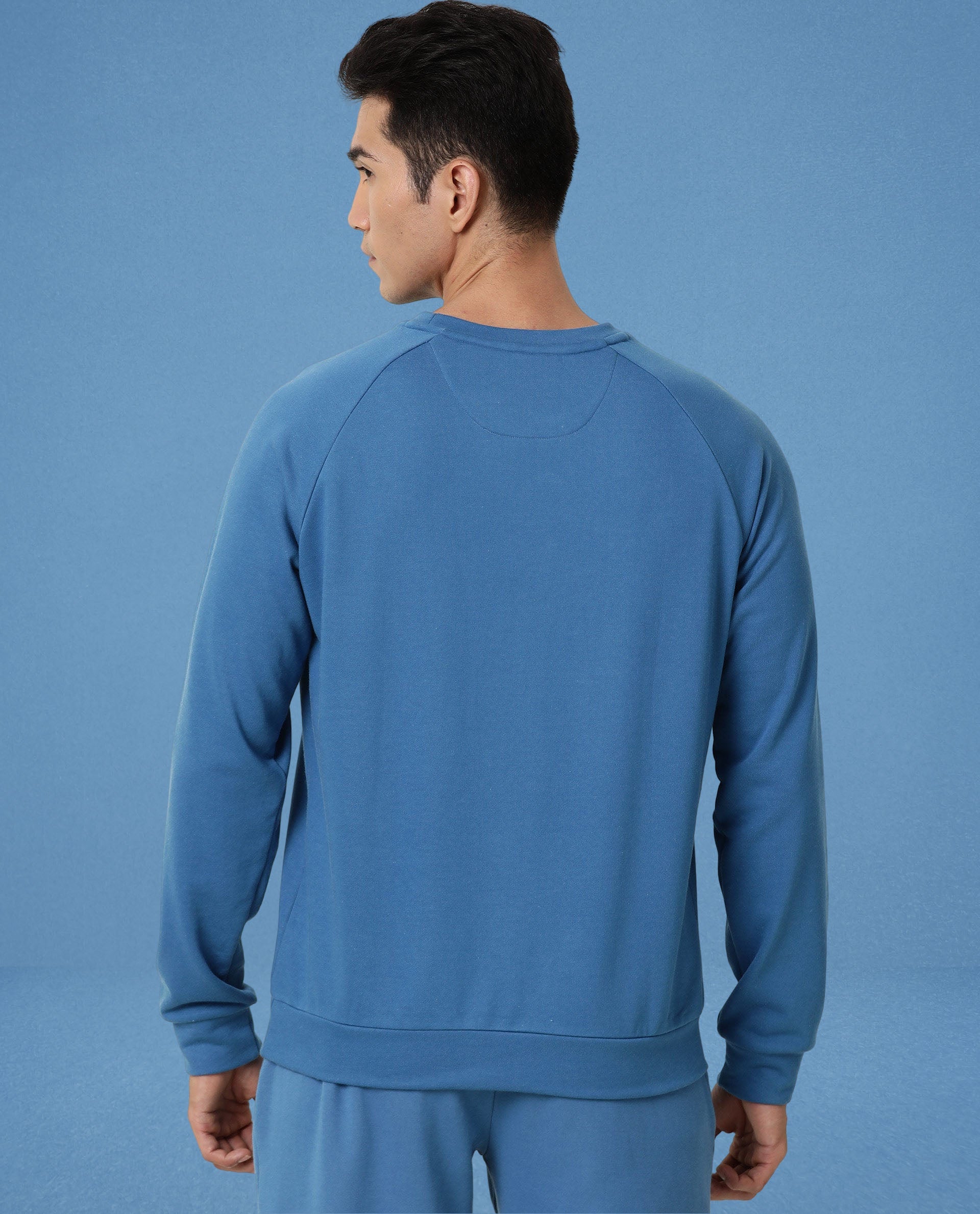Rare Rabbit Articale Men's Arum Enamel Blue Cotton Fabric Full Sleeves Solid Sweatshirt