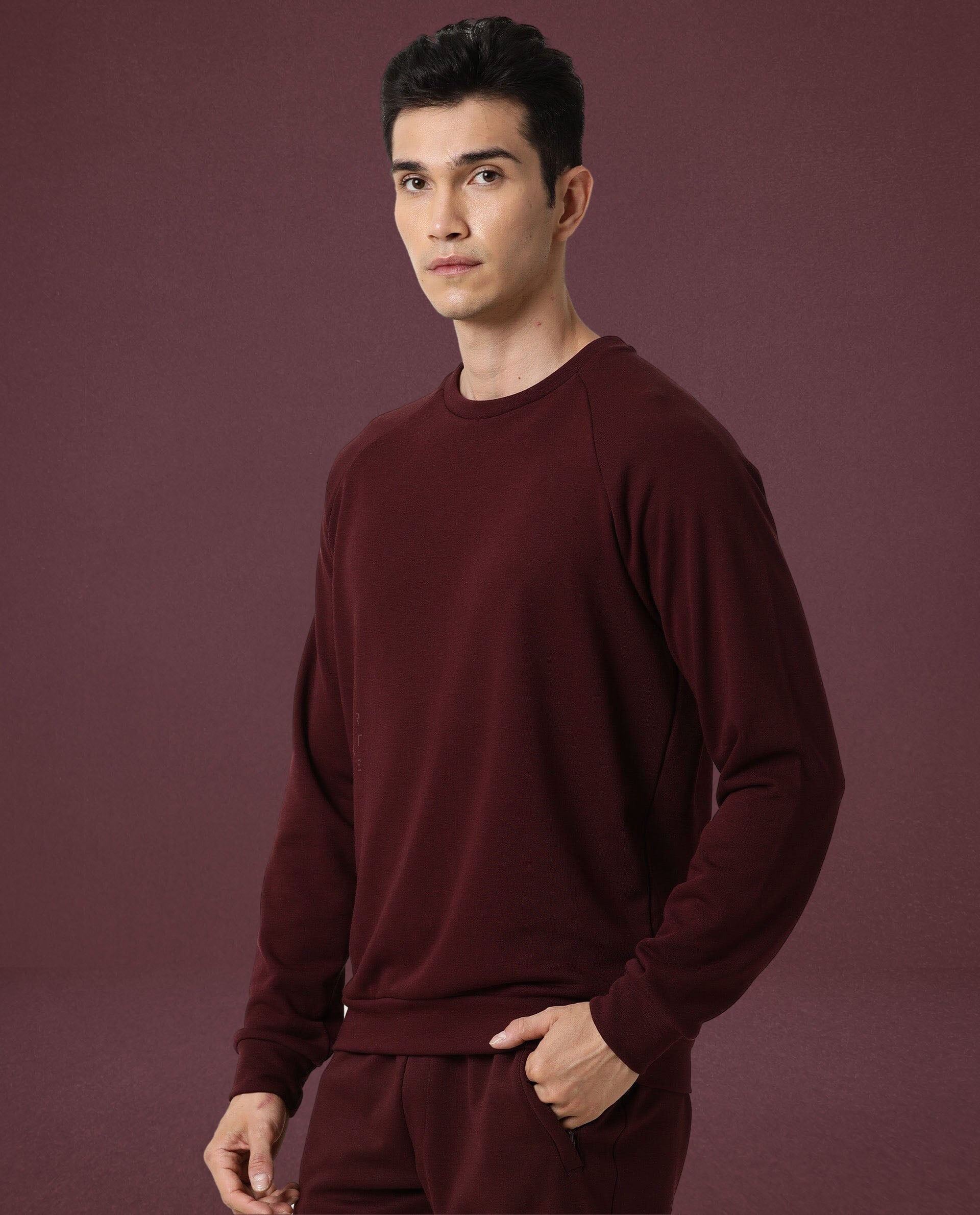 Rare Rabbit Articale Men's Arum Burnt Prune Cotton Fabric Full Sleeves Solid Sweatshirt