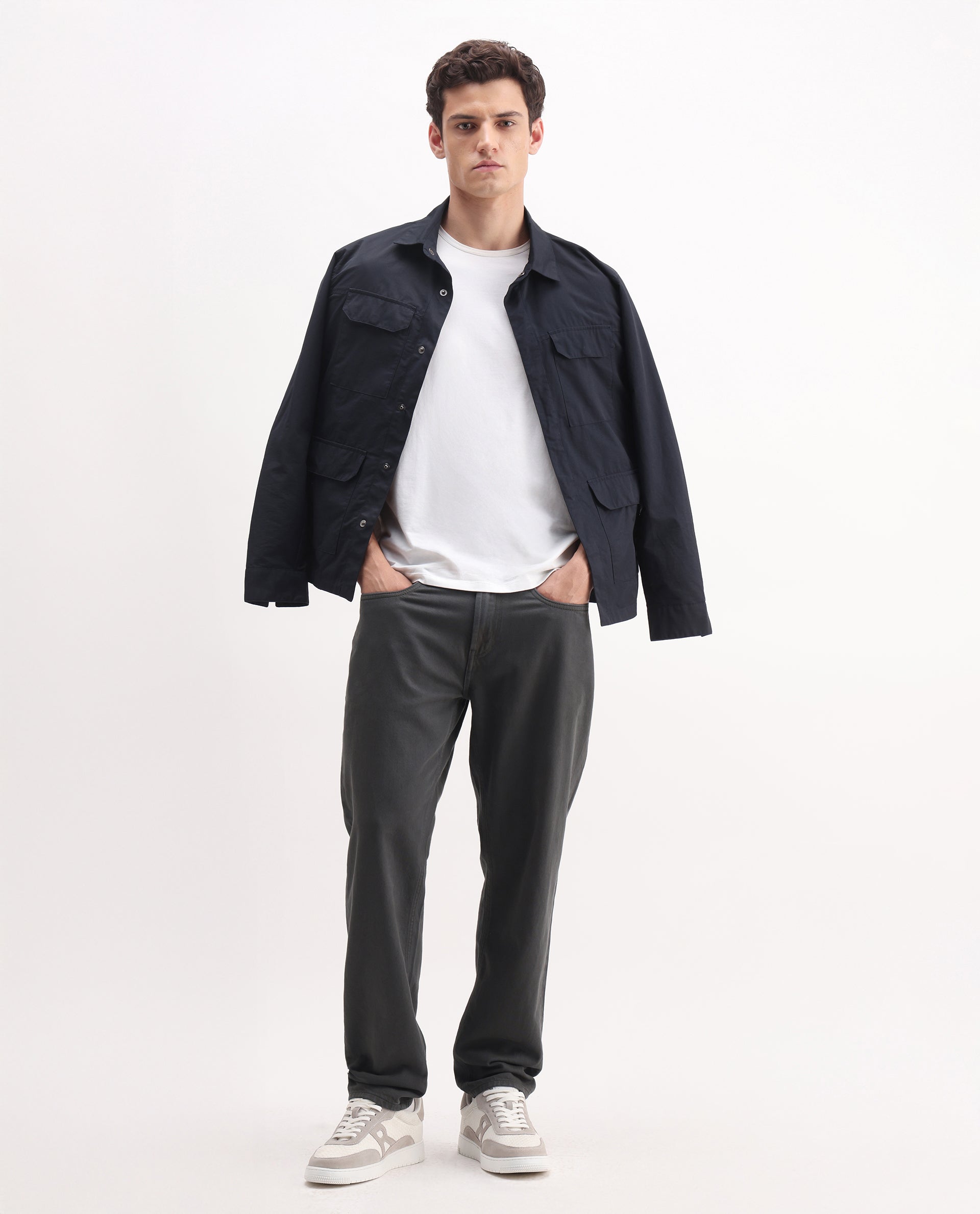 Rare Rabbit Men's Arvi-2 Dark Grey Cotton Blend Plain Dond Carrot Fit Jeans