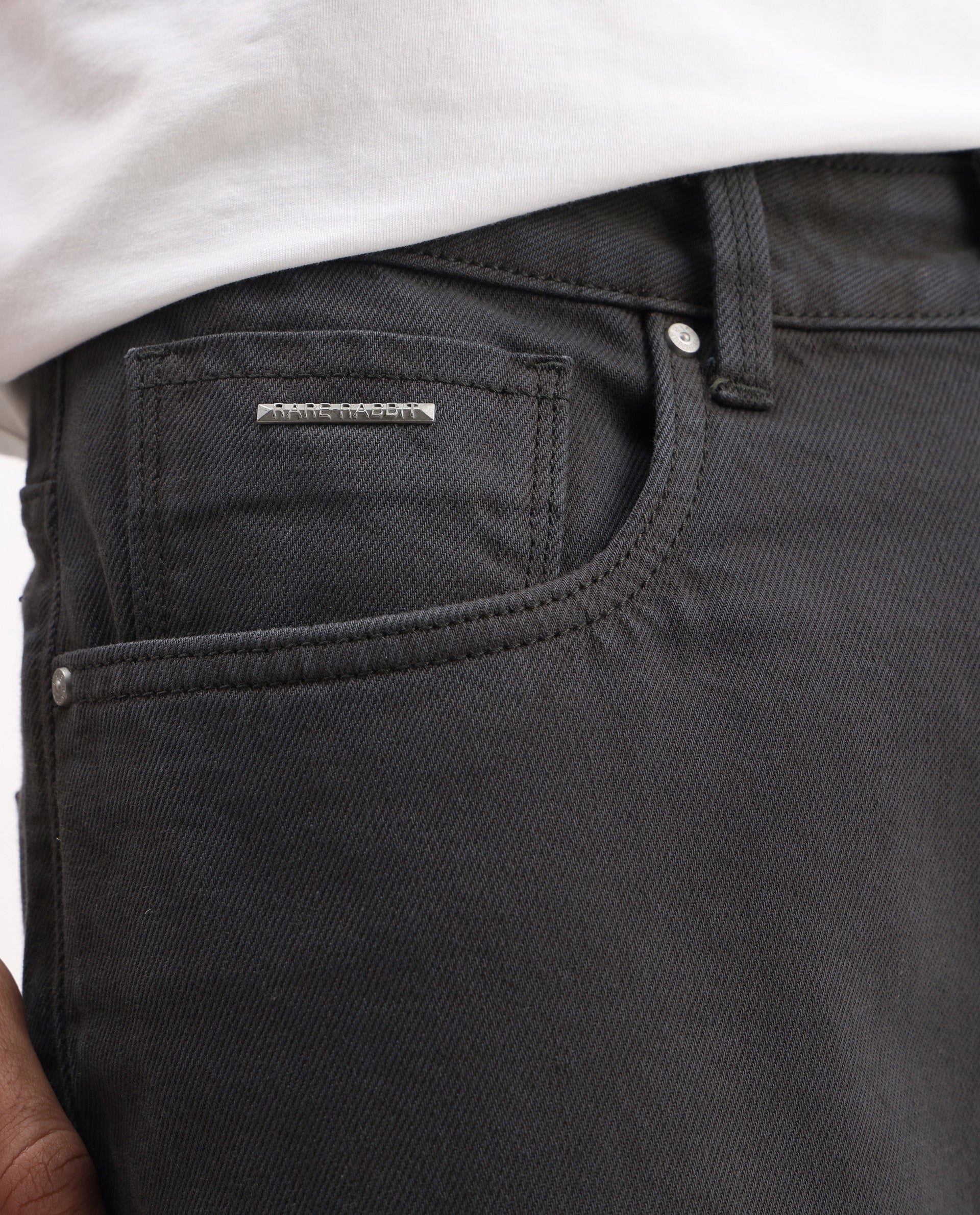 Rare Rabbit Men's Arvi-2 Dark Grey Cotton Blend Plain Dond Carrot Fit Jeans