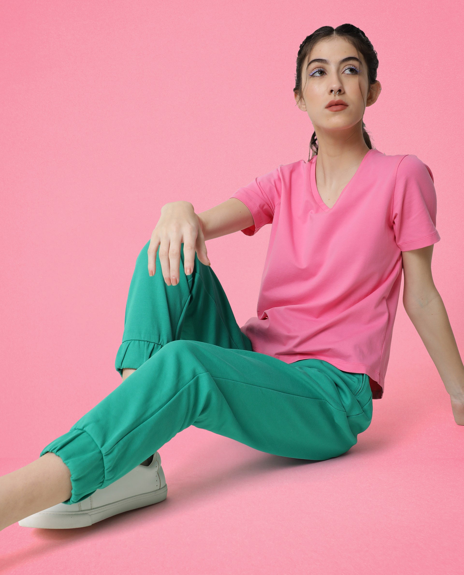 Rareism Women Arvi Flouroscent Pink Cotton Blend Fabric Regular Fit Half Sleeves Solid V-Neck T-Shirt