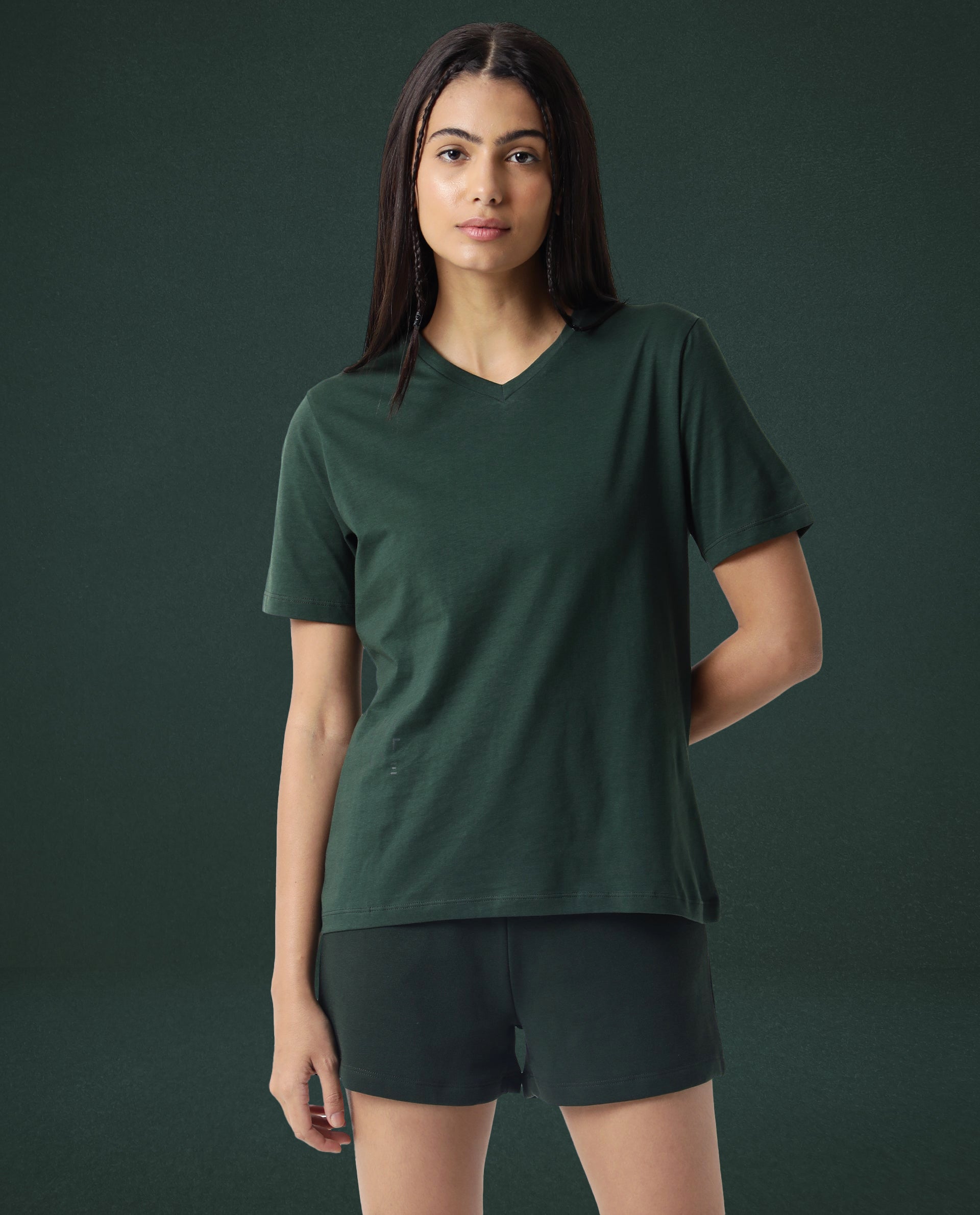 Rareism Women Arvi Dark Green Cotton Blend Fabric Regular Fit Half Sleeves Solid V-Neck T-Shirt