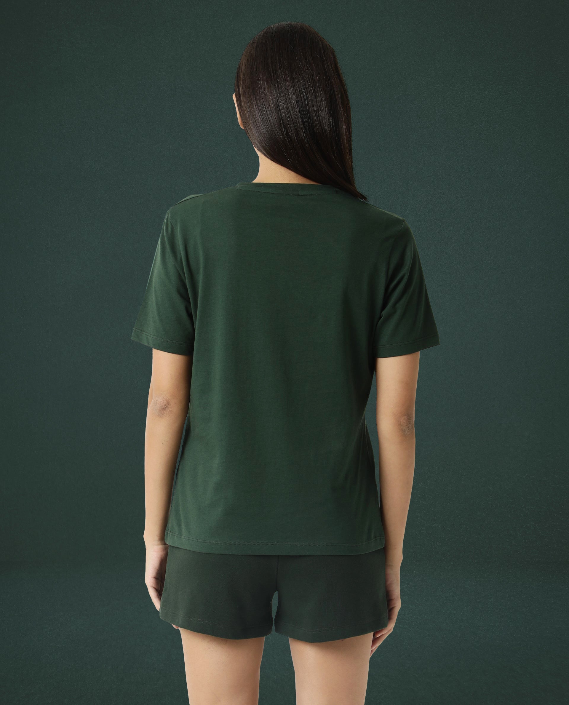 Rareism Women Arvi Dark Green Cotton Blend Fabric Regular Fit Half Sleeves Solid V-Neck T-Shirt