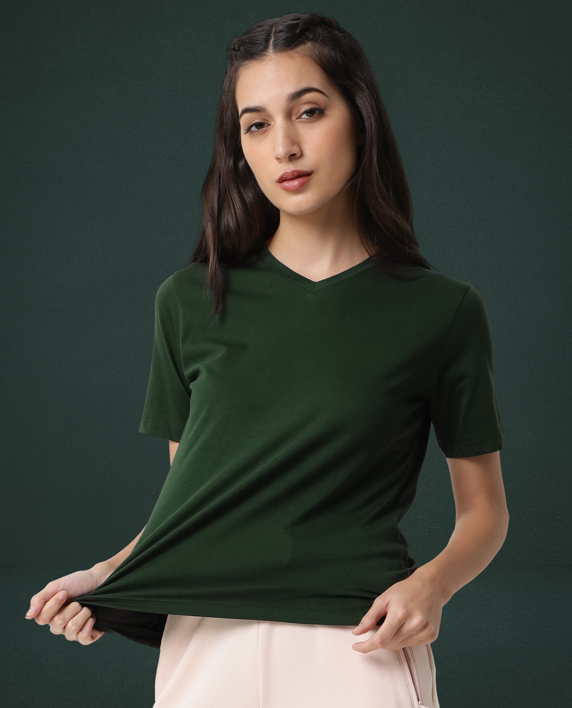 Rareism Women Arvi Dark Green Cotton Blend Fabric Regular Fit Half Sleeves Solid V-Neck T-Shirt
