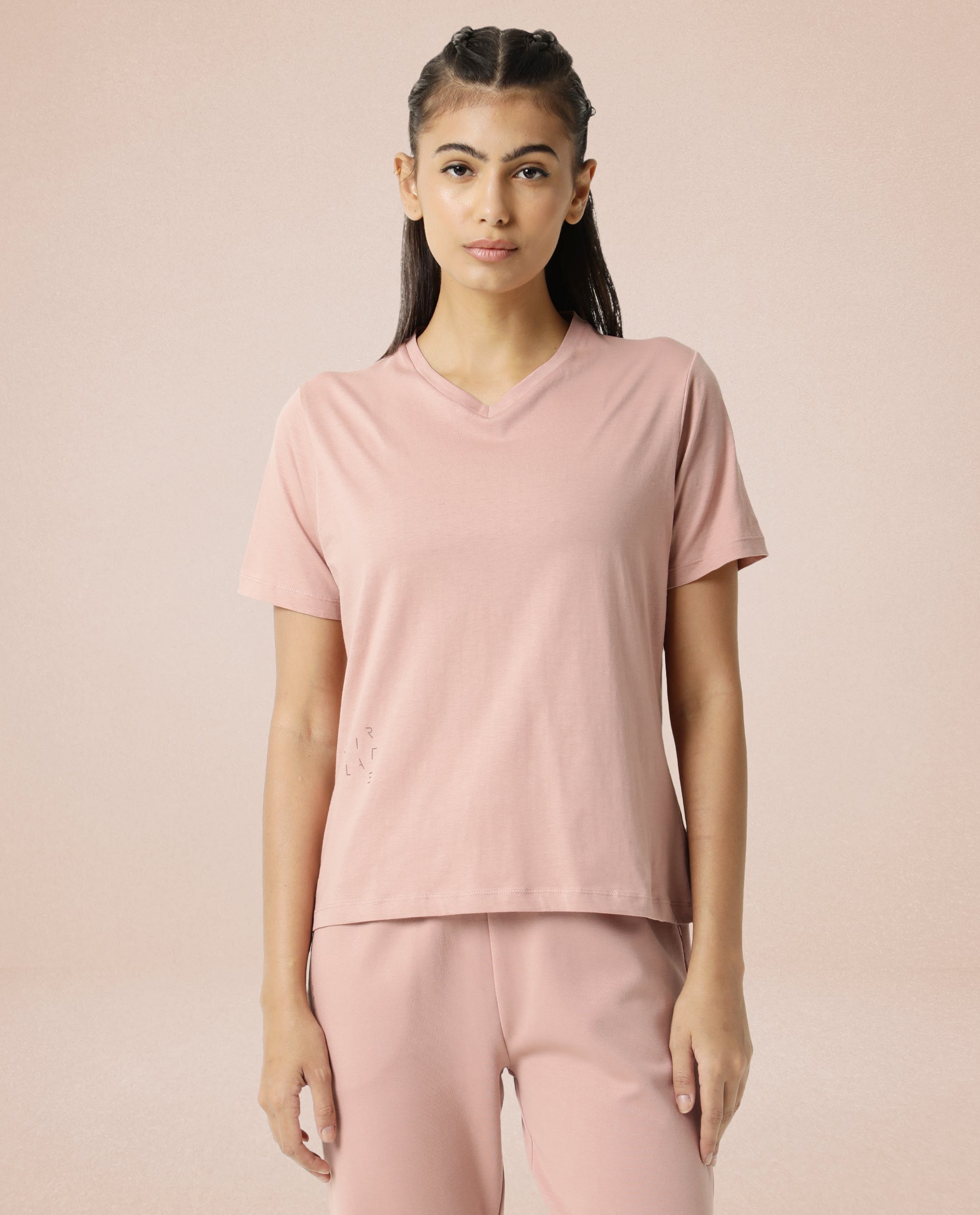 Rareism Women Arvi Dusky Pink Cotton Blend Fabric Regular Fit Half Sleeves Solid V-Neck T-Shirt