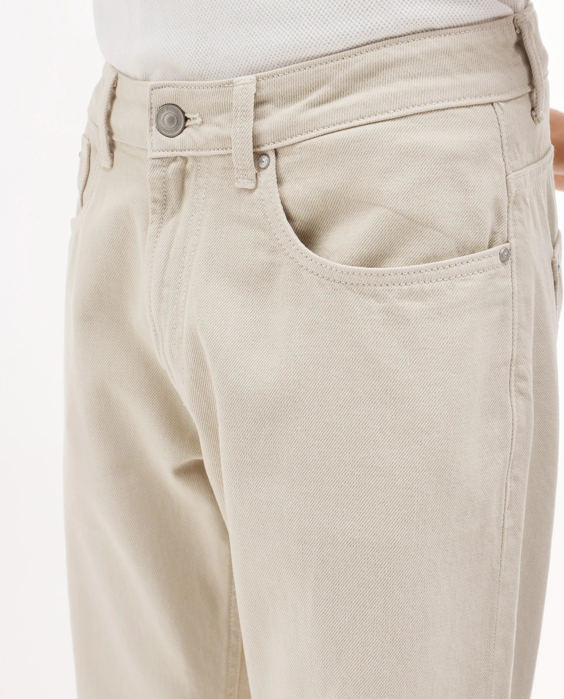 Rare Rabbit Men's Arvi-2 Light Beige Cotton Blend Plain Dond Carrot Fit Jeans