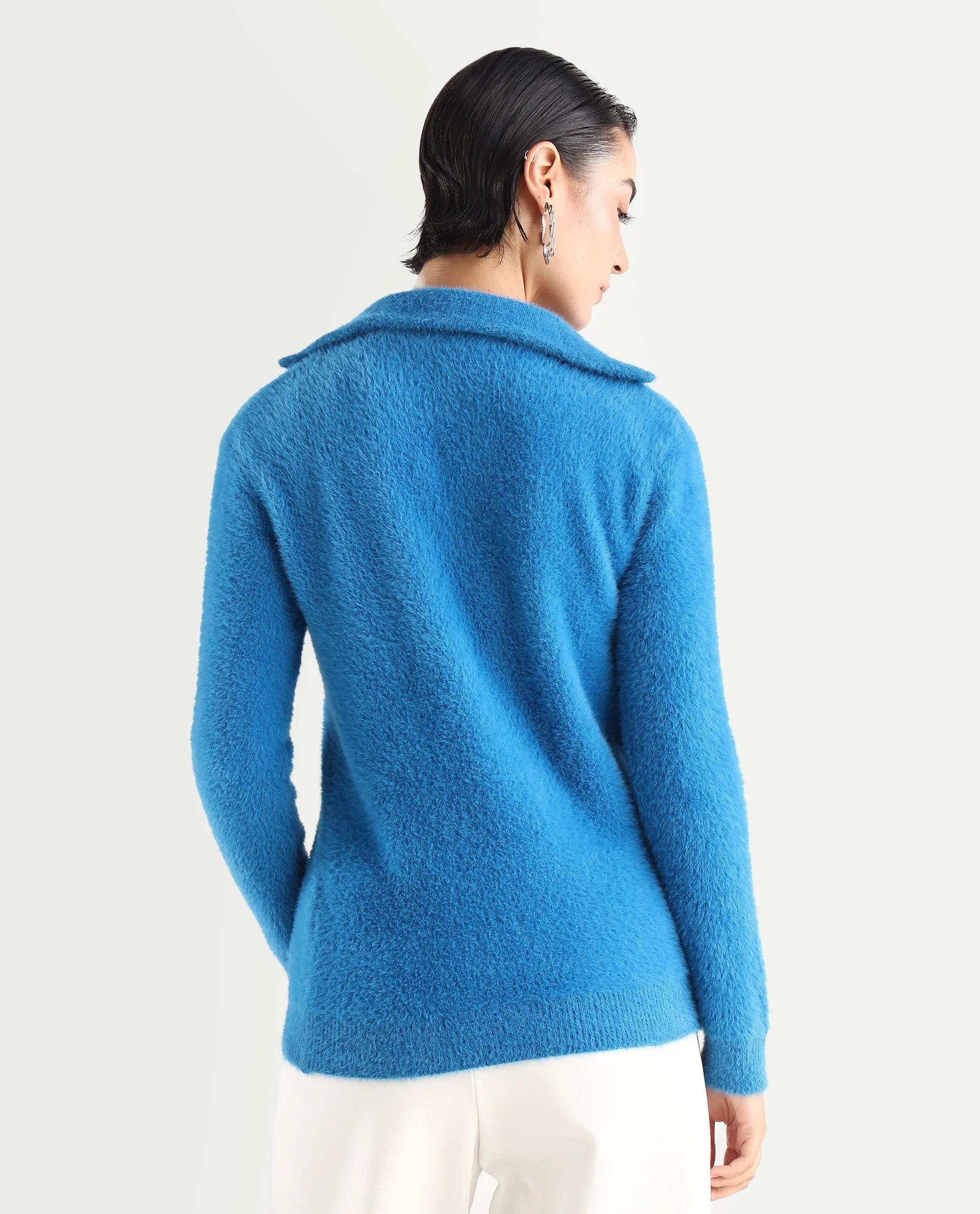 Rareism Women's Asser Blue Polyester Blend High Neck Plain Relaxed Fit Sweater