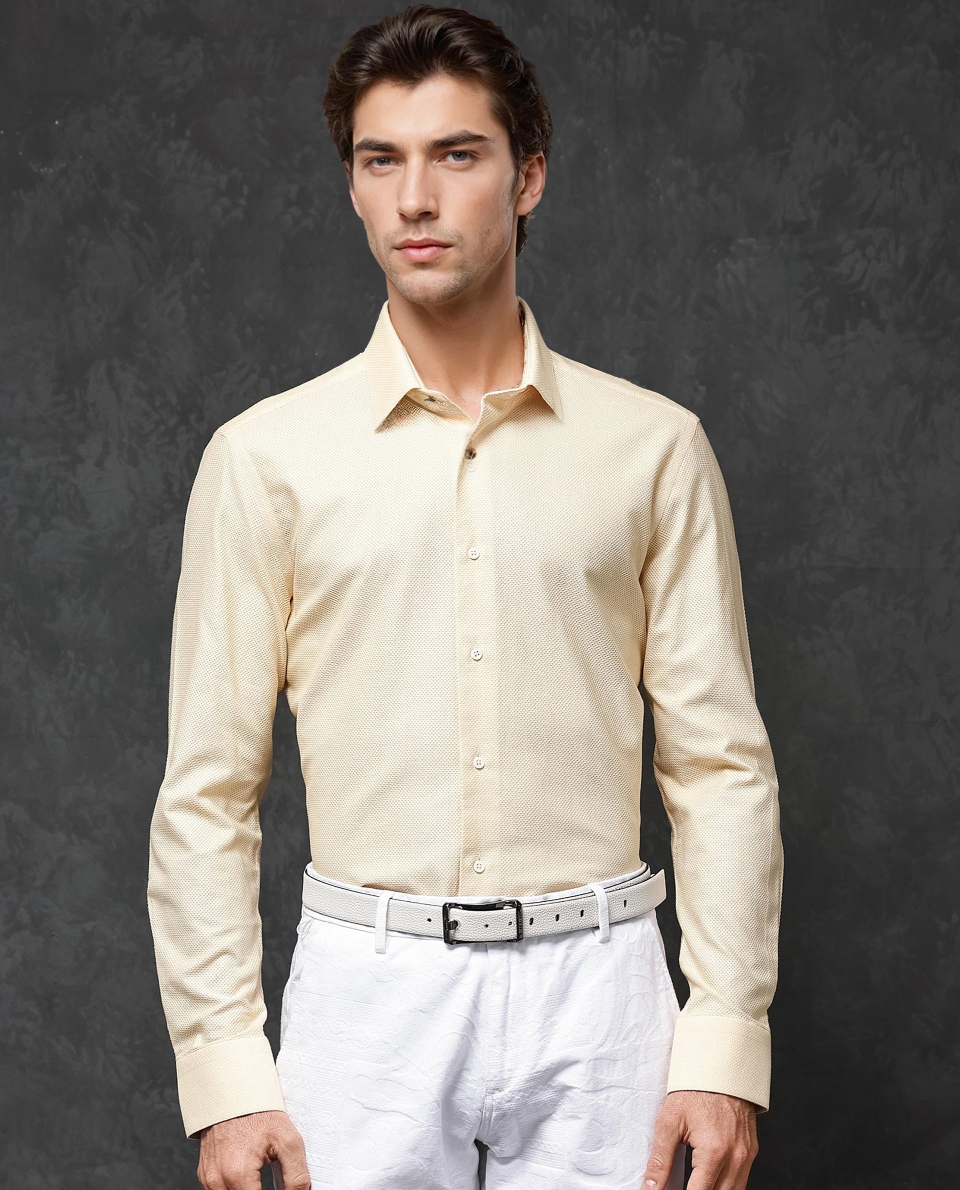 Rare Rabbit Mens Astron Pastel Yellow Full Sleeve Solid Dobby Shirt