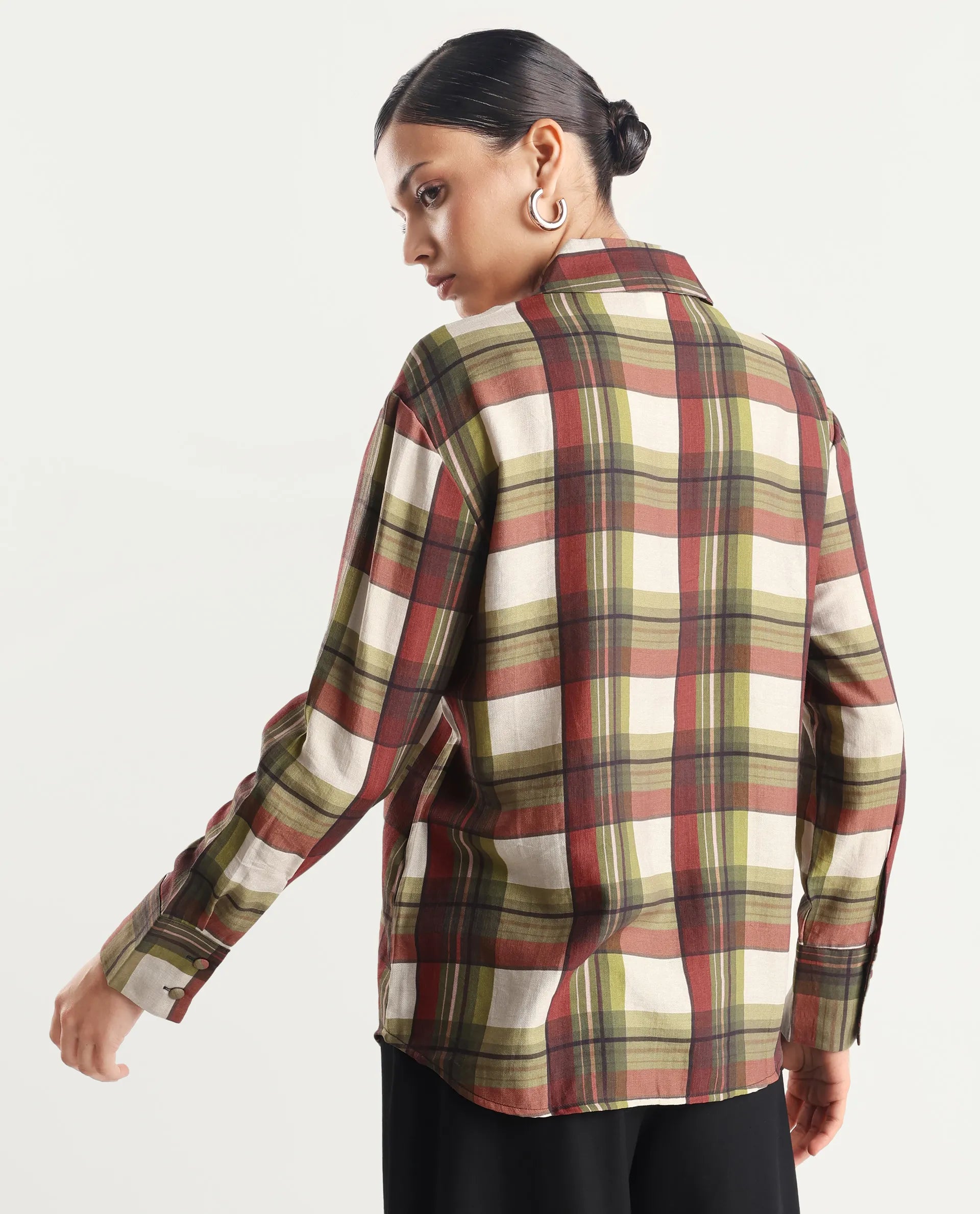 Rareism Women's Atoil Multi Viscose Blend Drop Collar Flannel Print Cuffed Sleeve Regular Fit Shirt