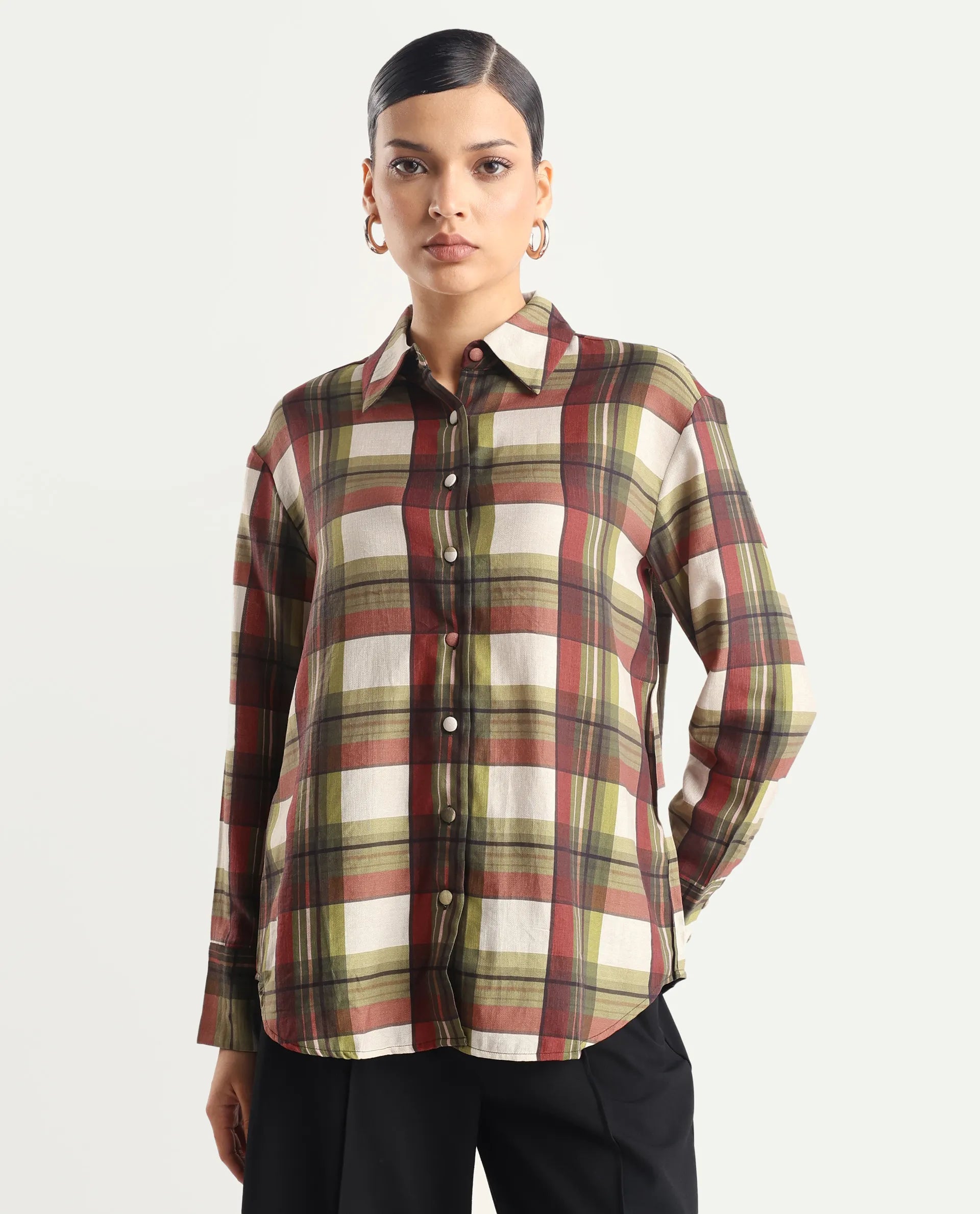 Rareism Women's Atoil Multi Viscose Blend Drop Collar Flannel Print Cuffed Sleeve Regular Fit Shirt