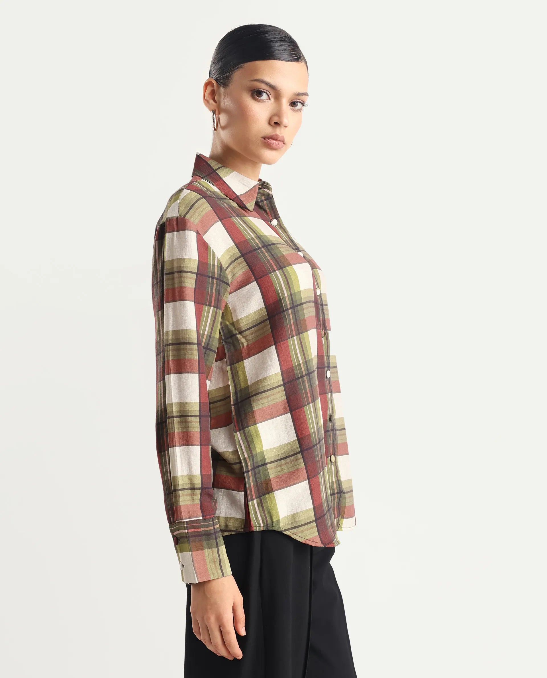 Rareism Women's Atoil Multi Viscose Blend Drop Collar Flannel Print Cuffed Sleeve Regular Fit Shirt