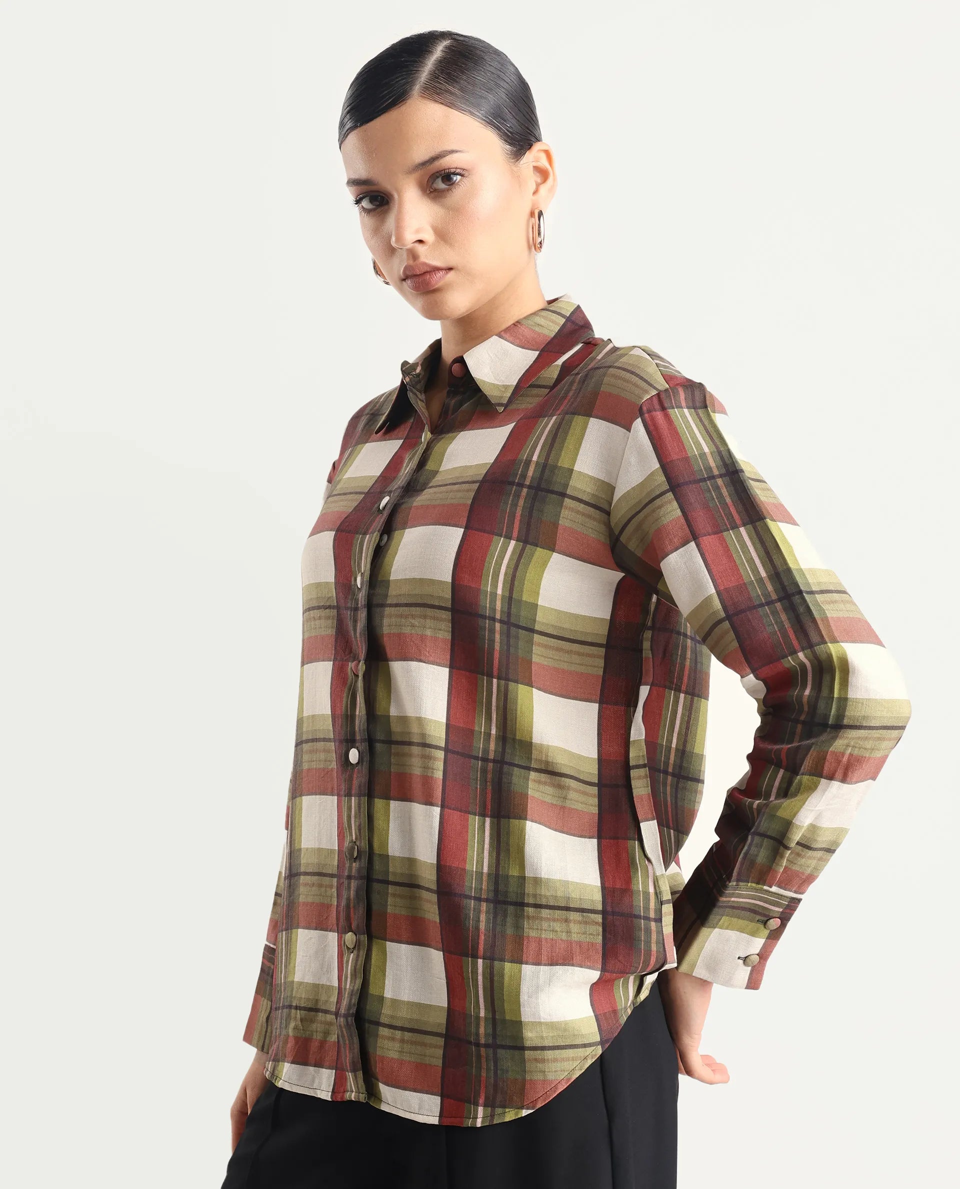 Rareism Women's Atoil Multi Viscose Blend Drop Collar Flannel Print Cuffed Sleeve Regular Fit Shirt