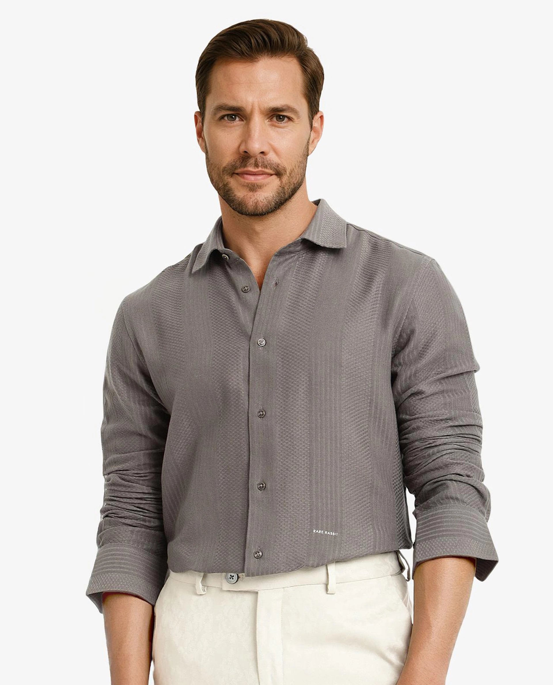 Rare Rabbit Men Aube Olive Cotton Fabric Full Sleeve Regular Fit Dobby Plain Shirt