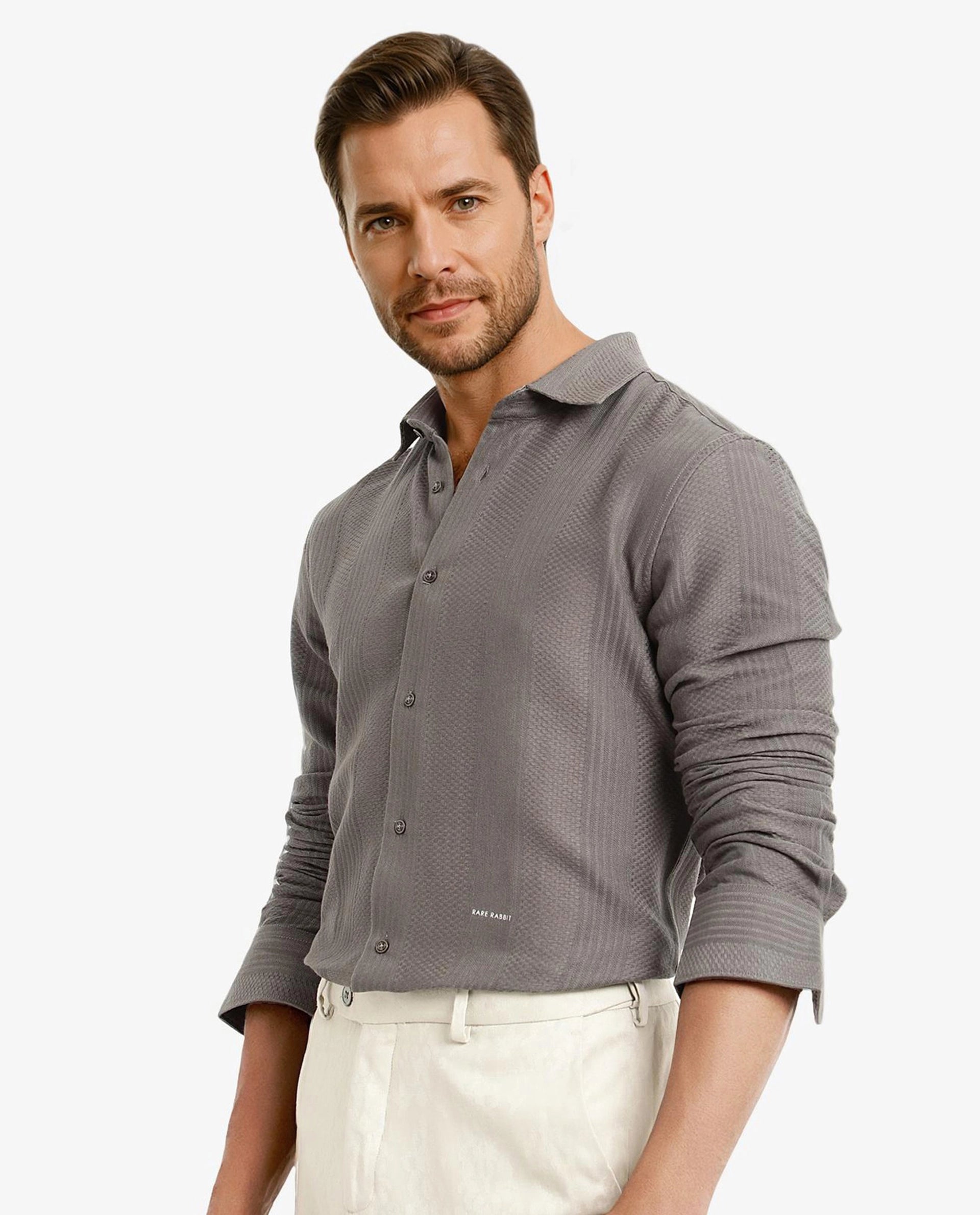 Rare Rabbit Men Aube Olive Cotton Fabric Full Sleeve Regular Fit Dobby Plain Shirt