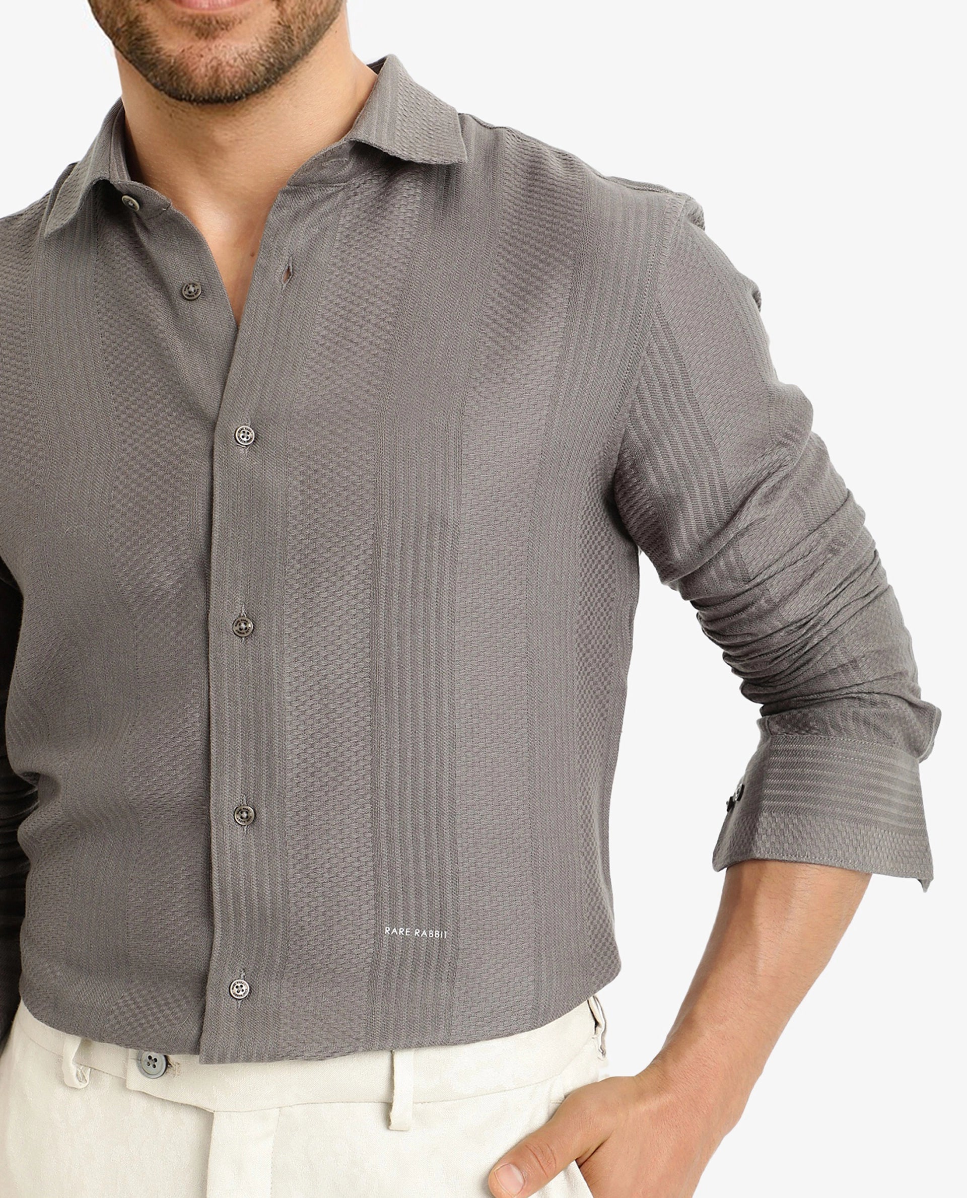 Rare Rabbit Men Aube Olive Cotton Fabric Full Sleeve Regular Fit Dobby Plain Shirt