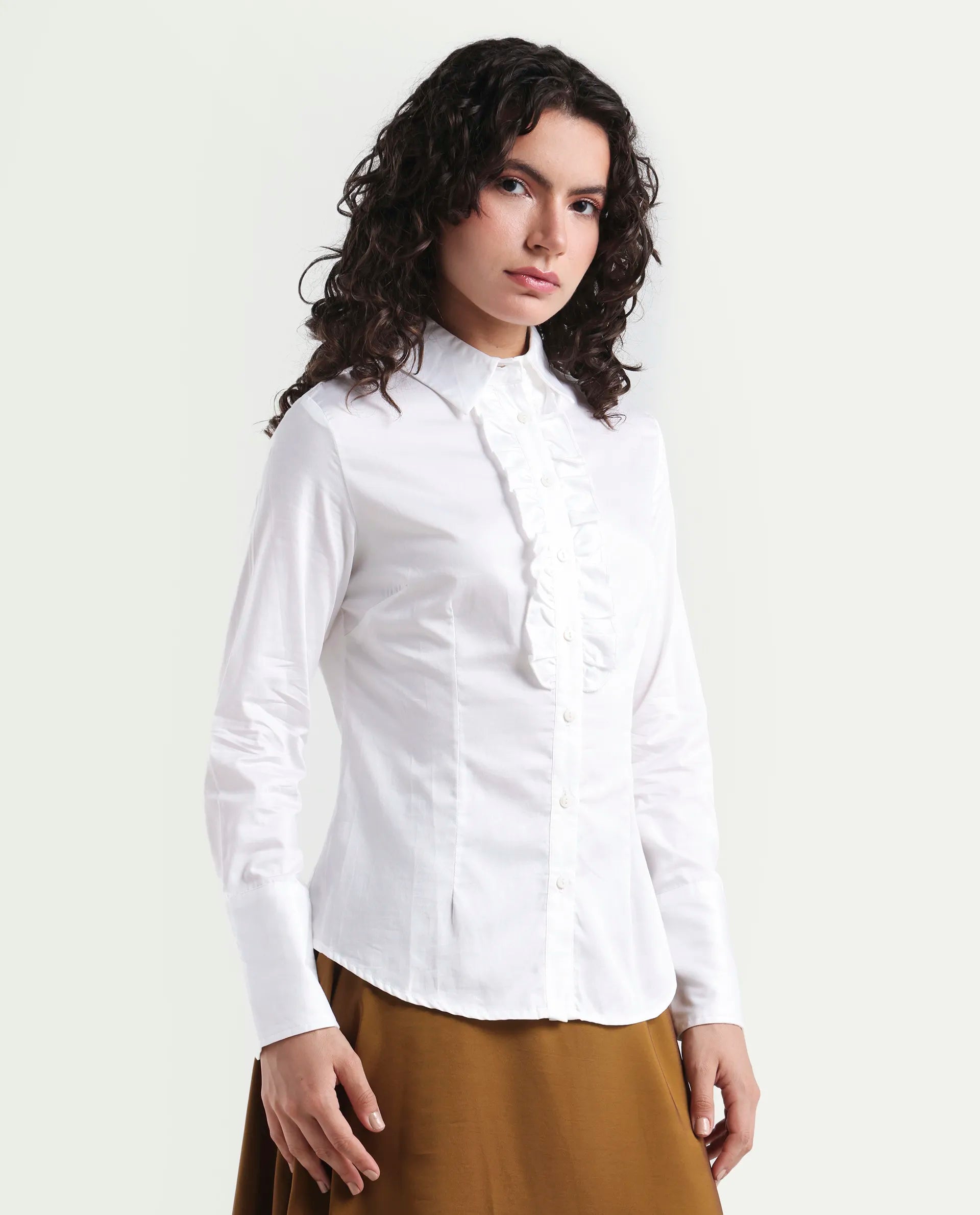 Rareism Women's Aubrey White Cotton Spread Collar Plain Regular Fit Top