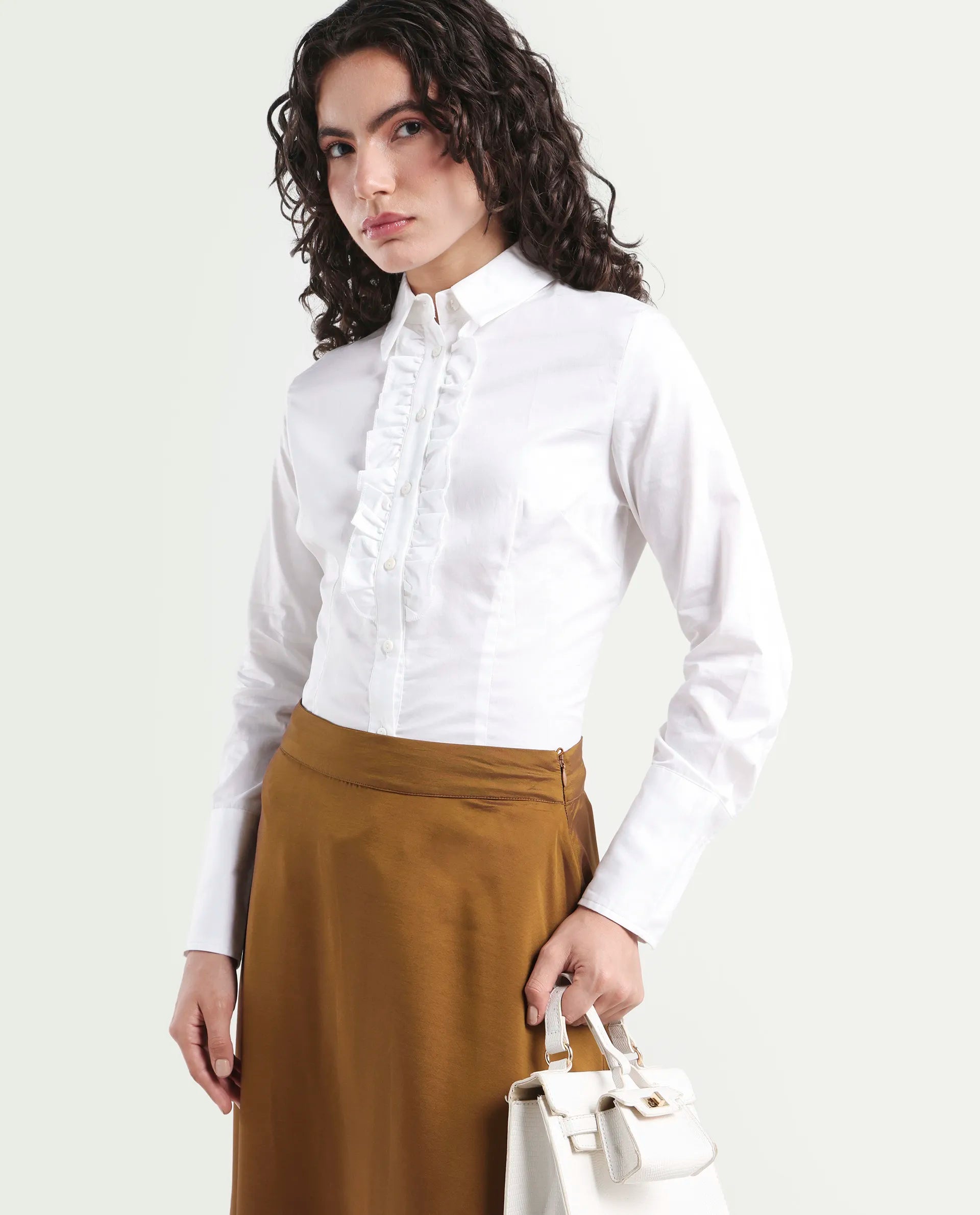 Rareism Women's Aubrey White Cotton Spread Collar Plain Regular Fit Top