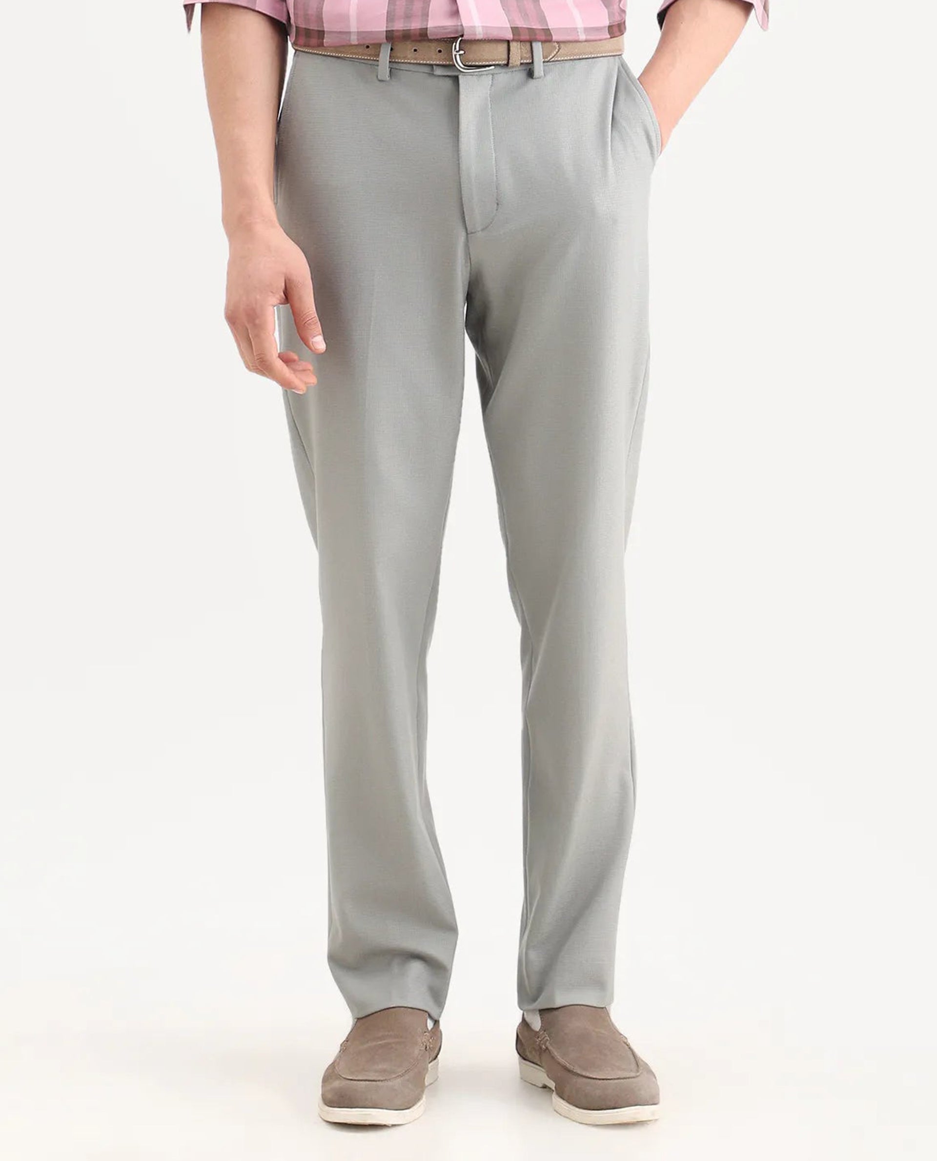 Rare Rabbit Men's Austi-Ss26 Grey Polyester Blend Fabric Regular Fit Plain Trouser