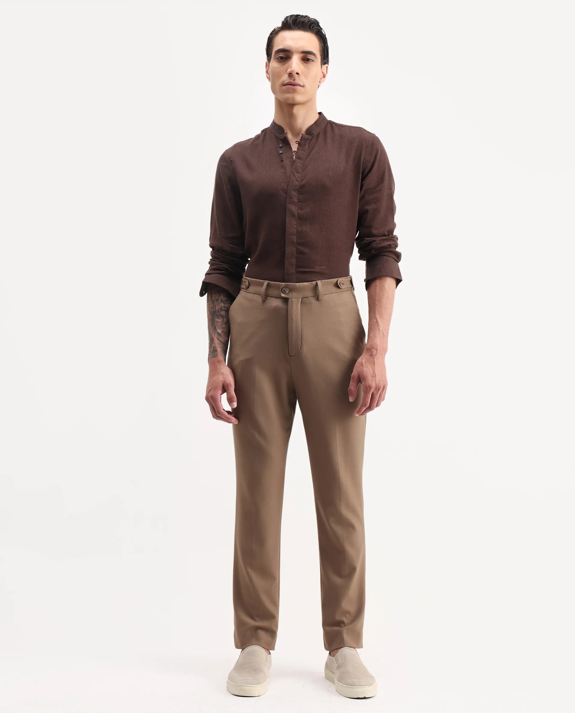 Rare Rabbit Men Austi-Aw25 Dark Beige Polyester Fabric Button Closure Regular Fit Plain Trouser