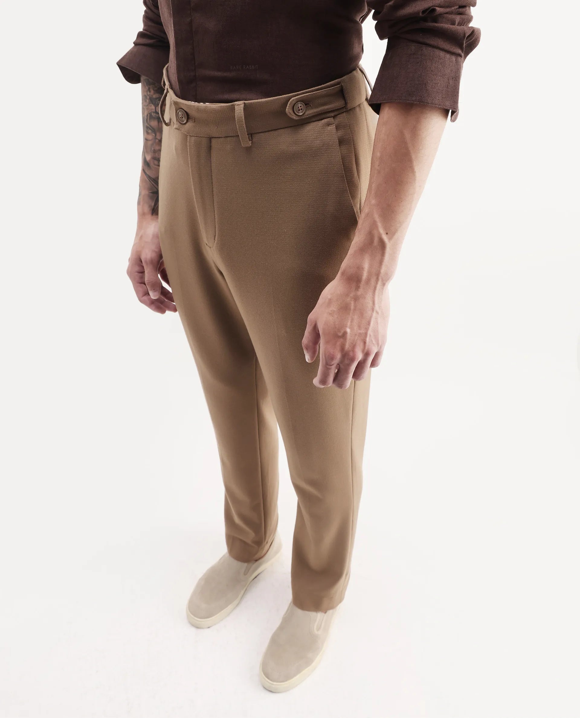 Rare Rabbit Men Austi-Aw25 Dark Beige Polyester Fabric Button Closure Regular Fit Plain Trouser