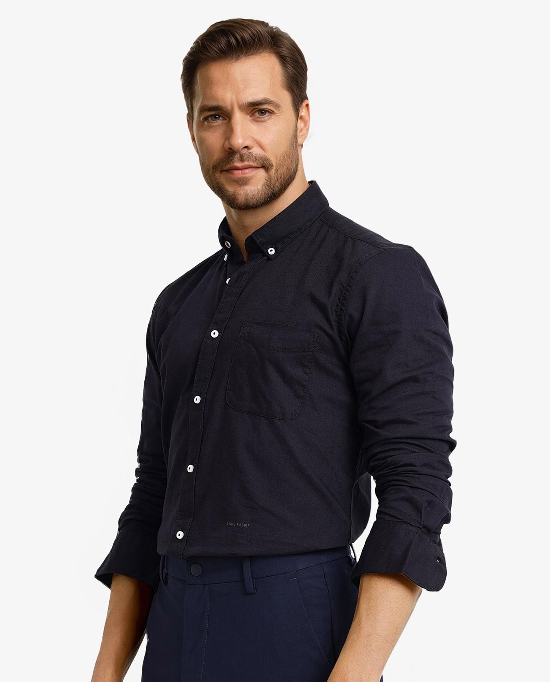 Rare Rabbit Men's Auxfo Black Cotton Fabric Full Sleeves Button Down Collar Solid Shirt