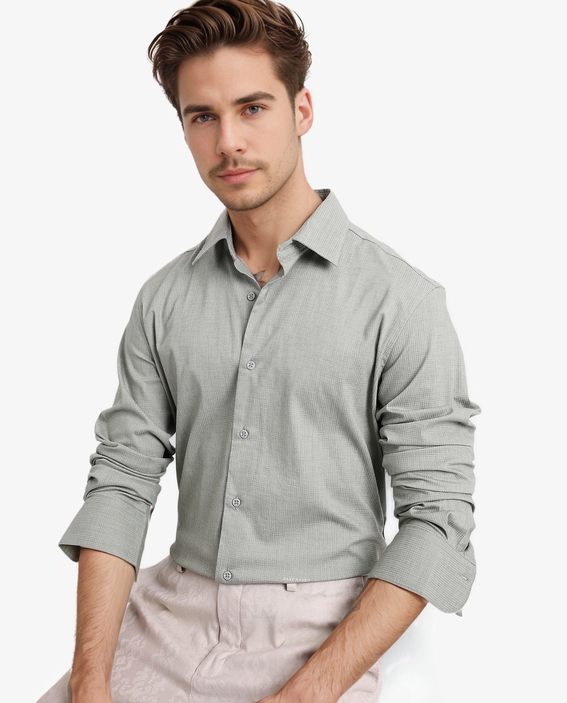 Rare Rabbit Men's Auxon Dusky Green Polyester Cotton Fabric Blend Full Sleeve Regular Fit Solid Textured Shirt