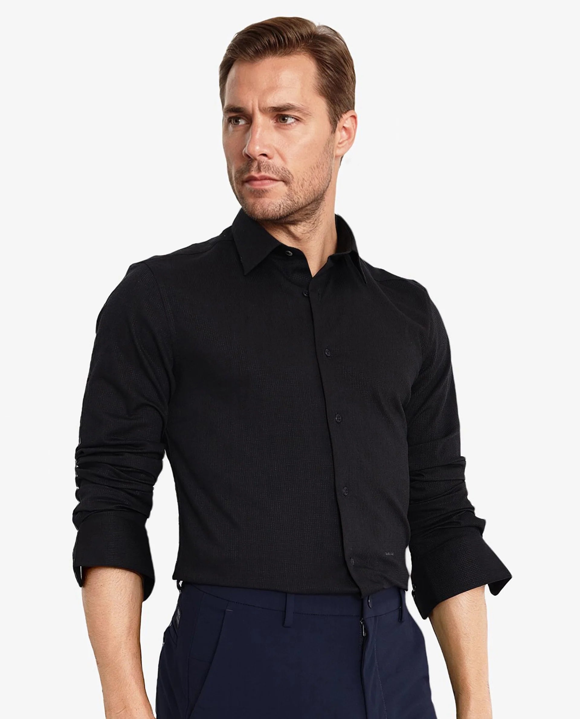 Rare Rabbit Men's Auxon Black Polyester Cotton Fabric Blend Full Sleeve Regular Fit Solid Textured Shirt