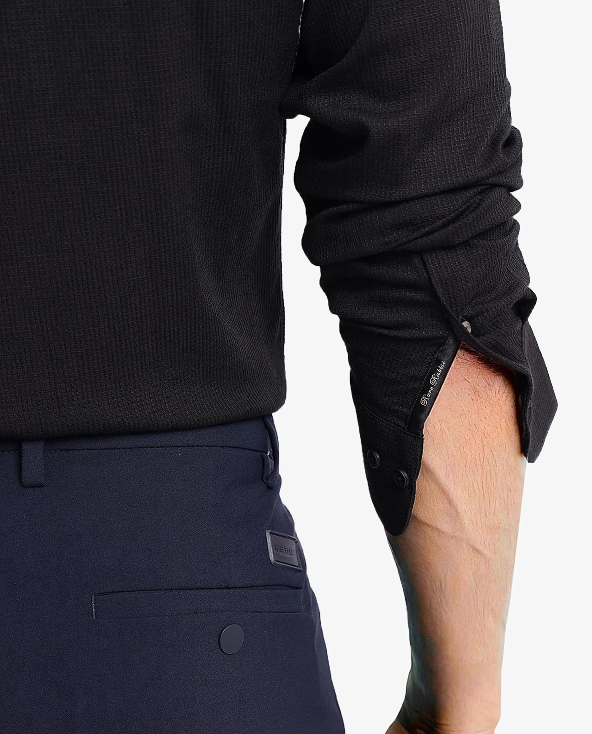 Rare Rabbit Men's Auxon Black Polyester Cotton Fabric Blend Full Sleeve Regular Fit Solid Textured Shirt