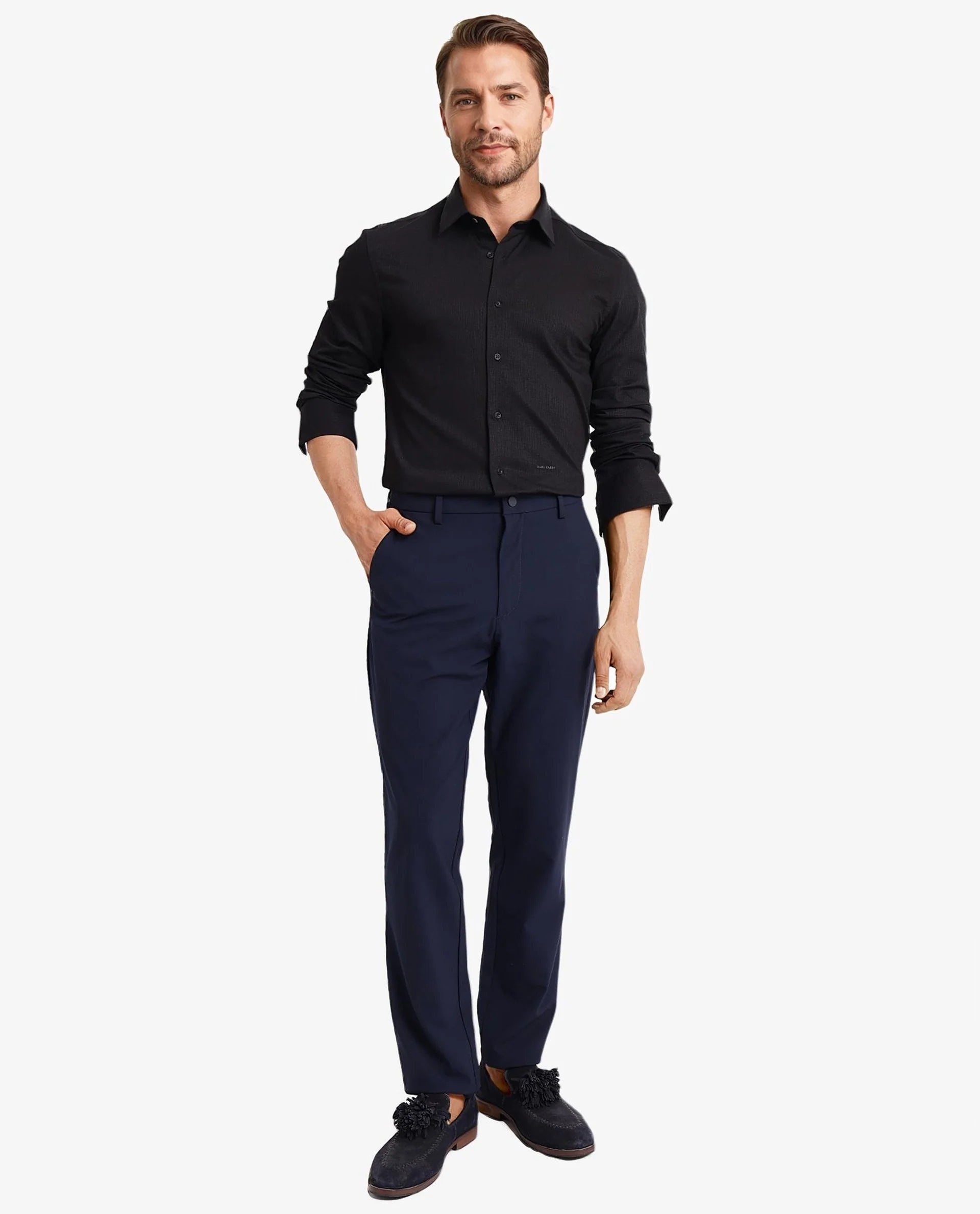 Rare Rabbit Men's Auxon Black Polyester Cotton Fabric Blend Full Sleeve Regular Fit Solid Textured Shirt