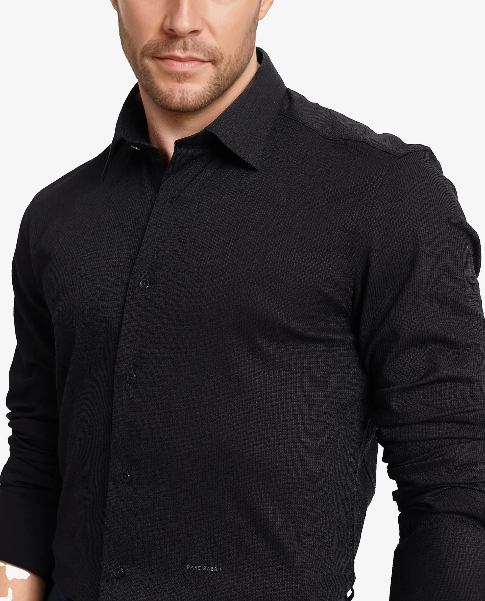 Rare Rabbit Men's Auxon Black Polyester Cotton Fabric Blend Full Sleeve Regular Fit Solid Textured Shirt