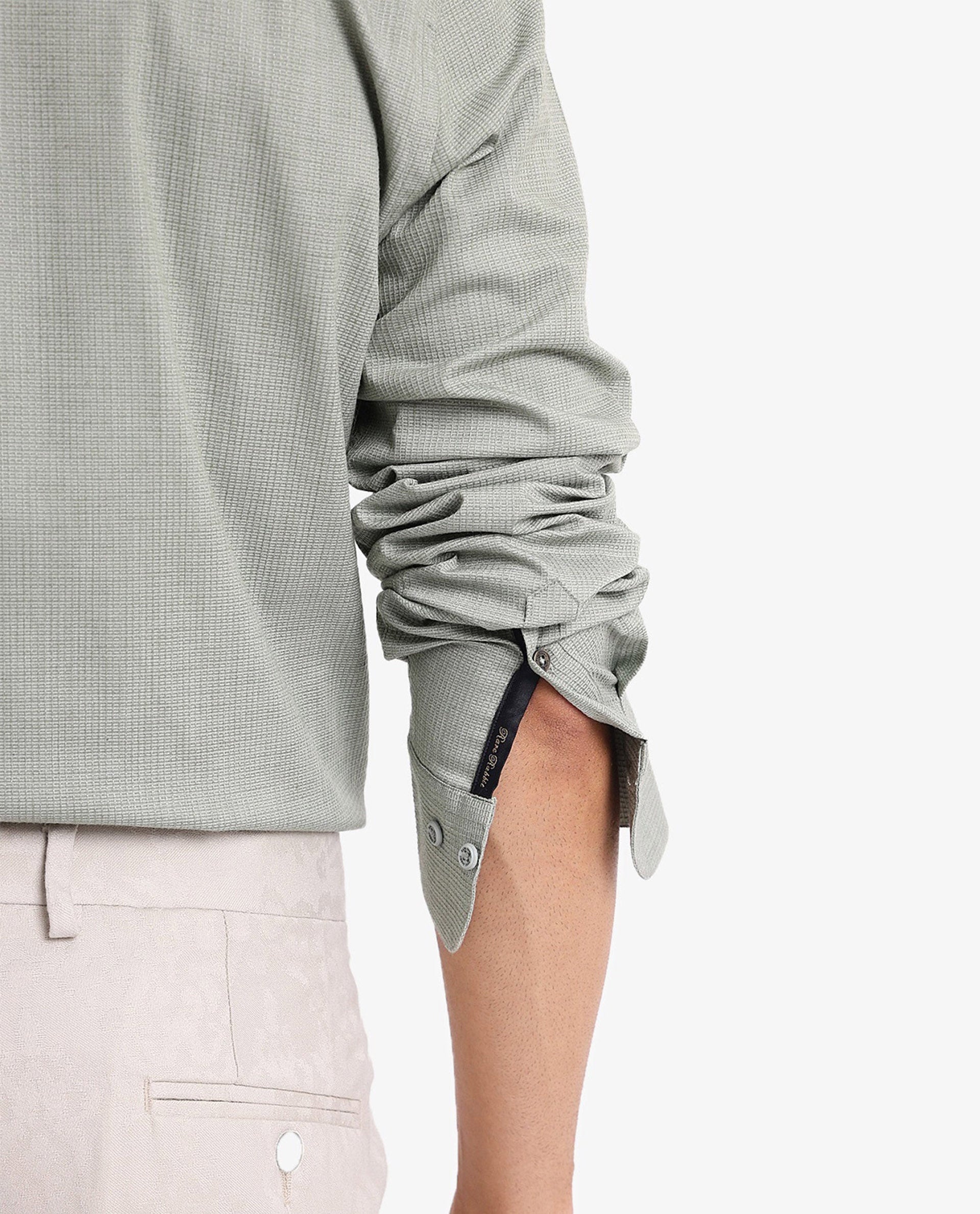 Rare Rabbit Men's Auxon Dusky Green Polyester Cotton Fabric Blend Full Sleeve Regular Fit Solid Textured Shirt