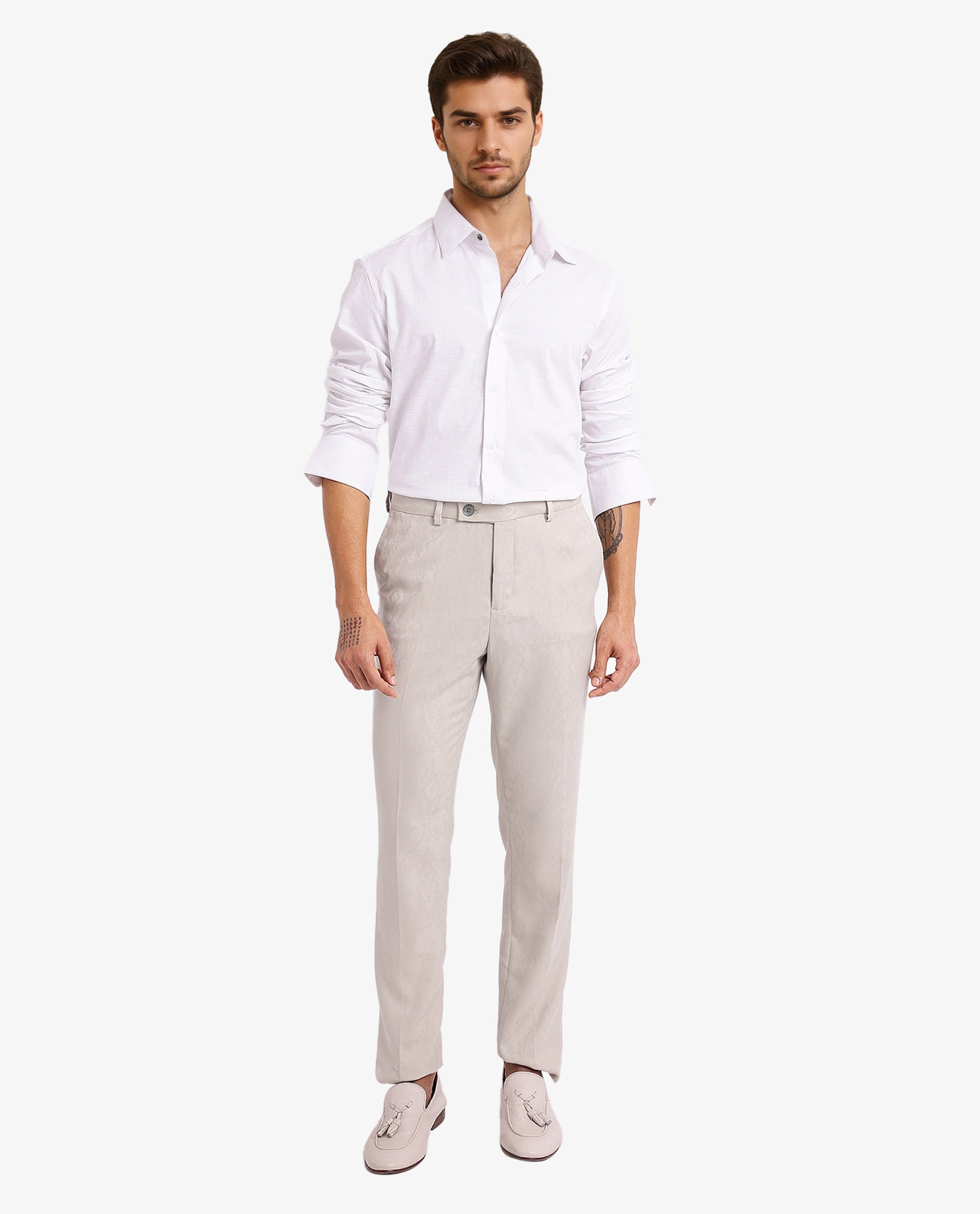 Rare Rabbit Men's Auxon White Polyester Cotton Fabric Blend Full Sleeve Regular Fit Solid Textured Shirt